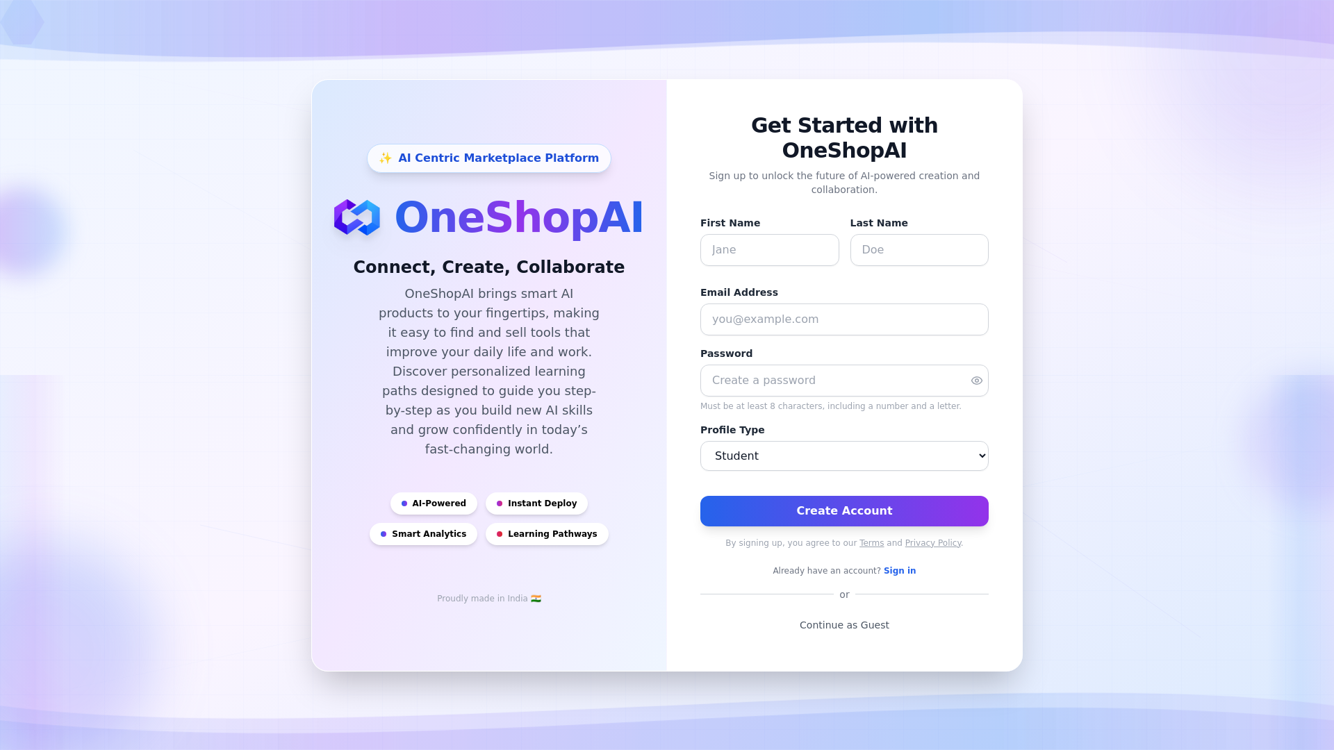 website screenshot of https://one-shop-ai-frontend.pages.dev/