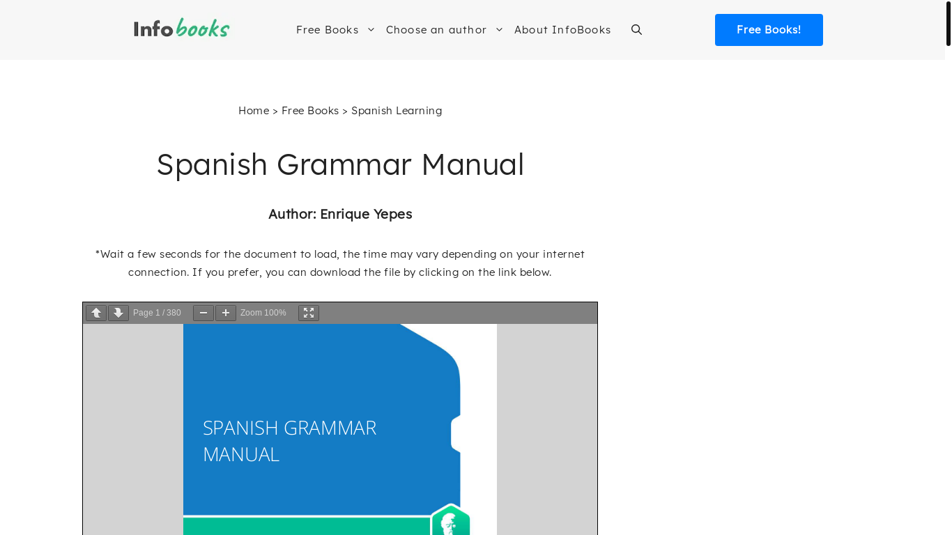 website screenshot of https://www.infobooks.org/pdfview/spanish-grammar-manual-enrique-yepes-66/
