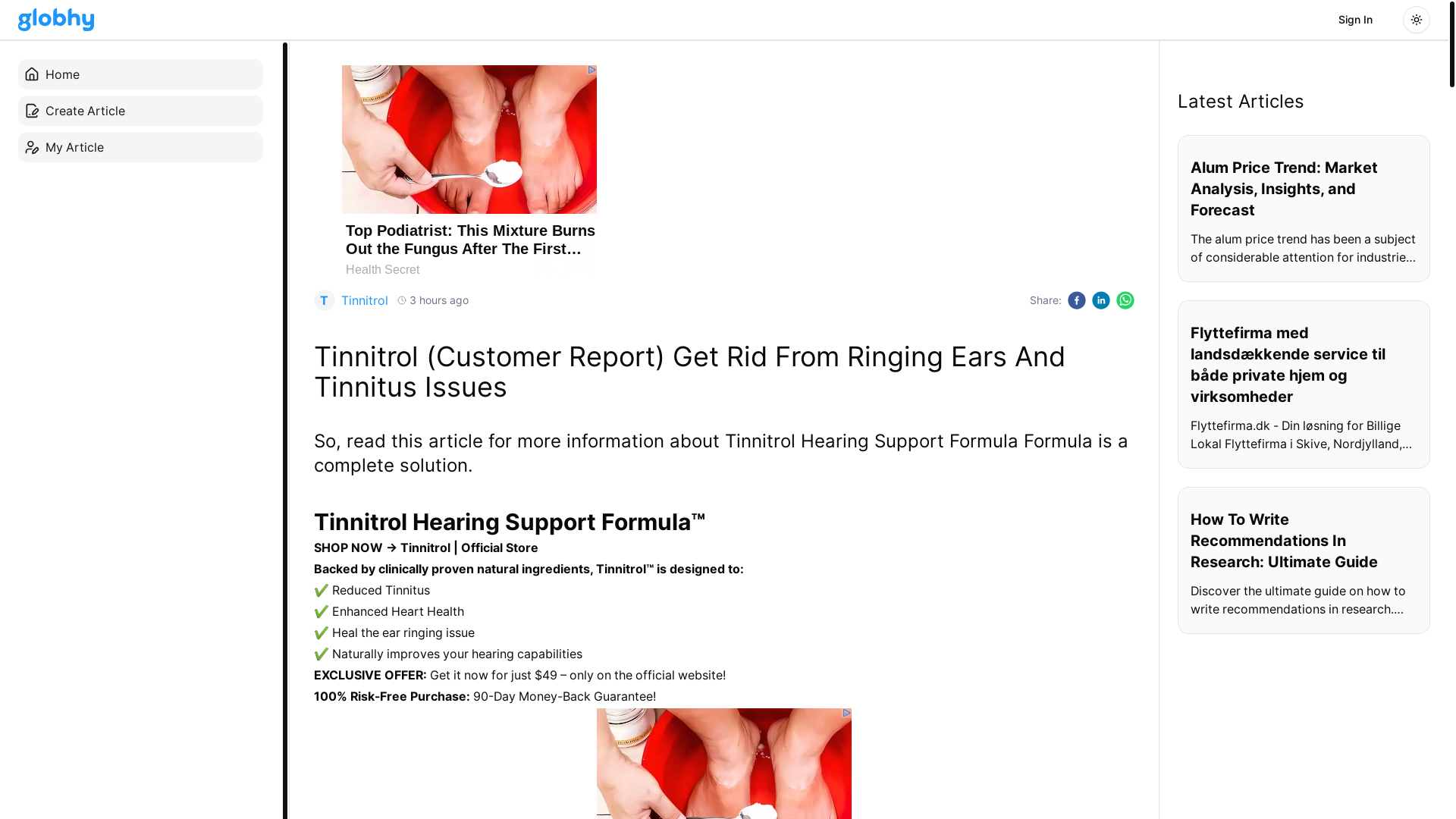 website screenshot of https://www.globhy.com/article/tinnitrol-customer-report-get-rid-from-ringing-ears-and-tinnitus-issues