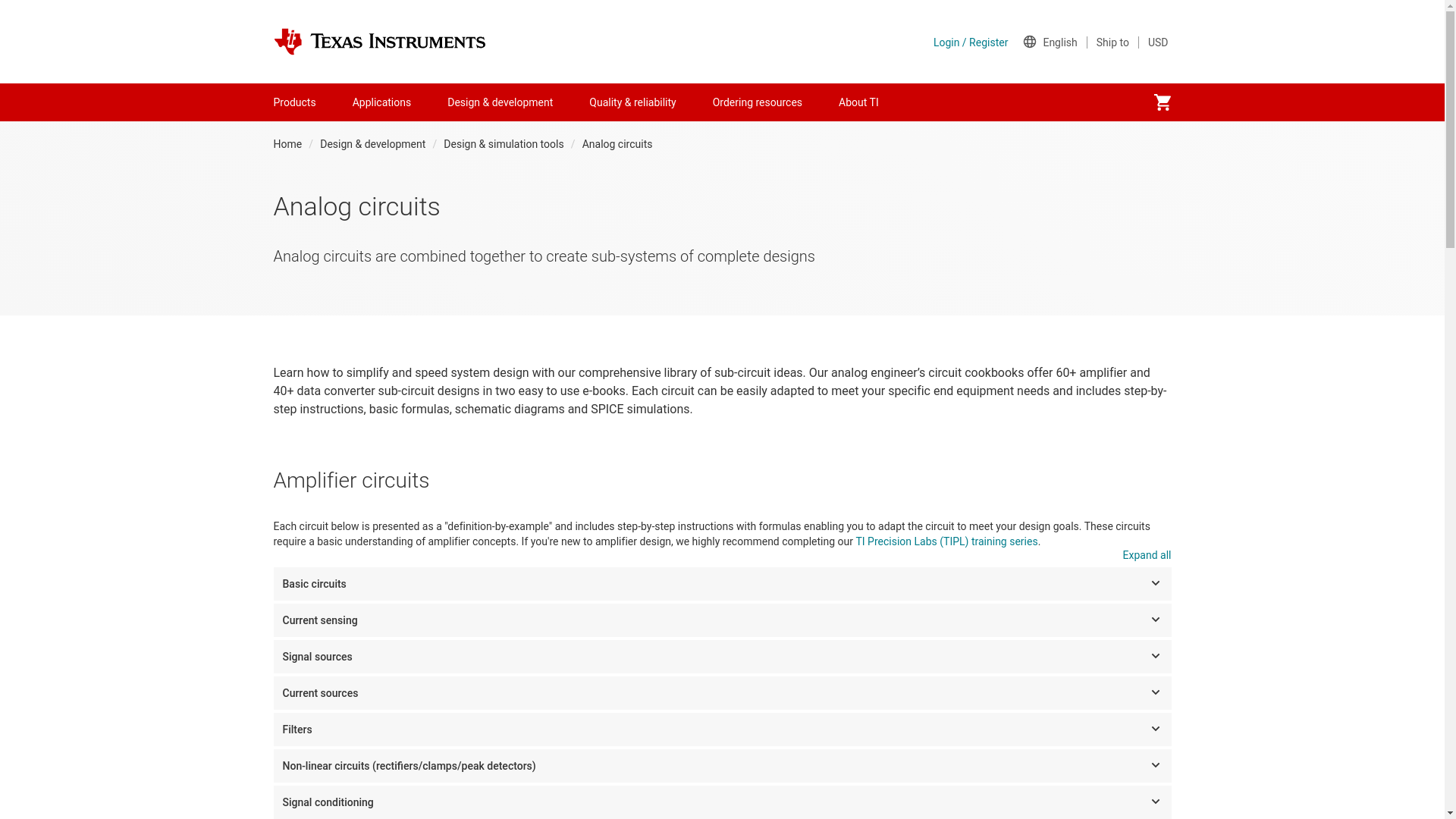 website screenshot of https://www.ti.com/design-development/analog-circuits.html