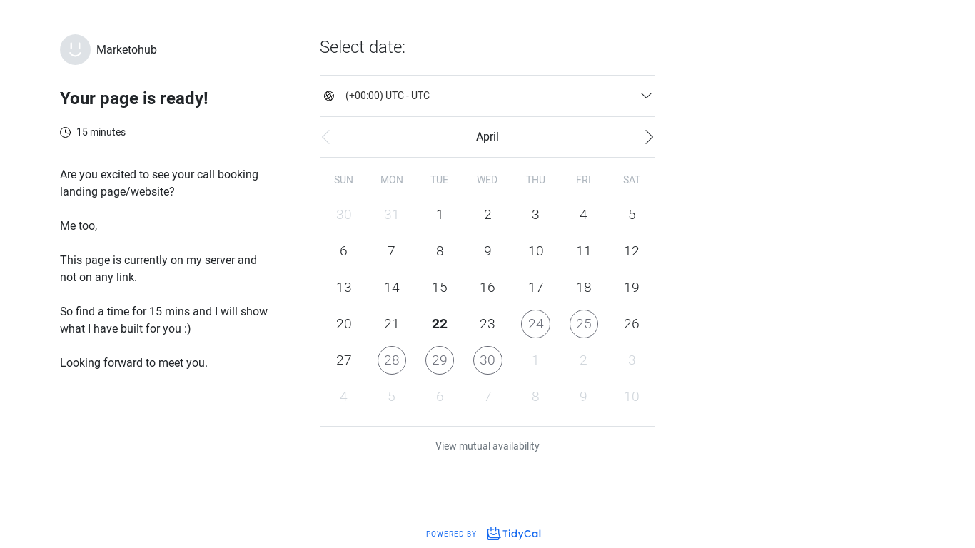website screenshot of https://tidycal.com/marketohub/ready