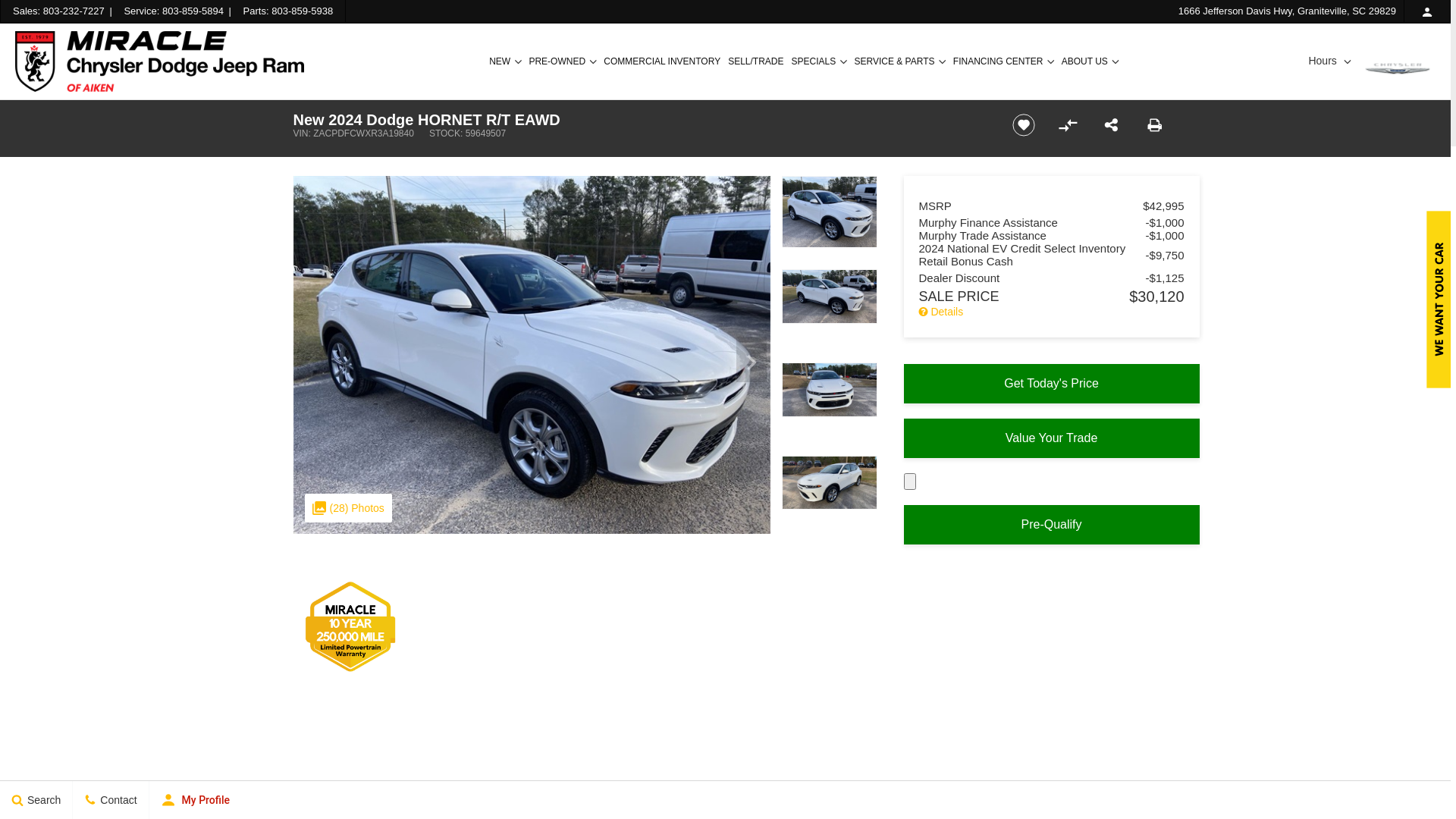 website screenshot of https://www.miraclecdjrofaiken.com/inventory/new-2024-dodge-hornet-rt-awd-suv-zacpdfcwxr3a19840/