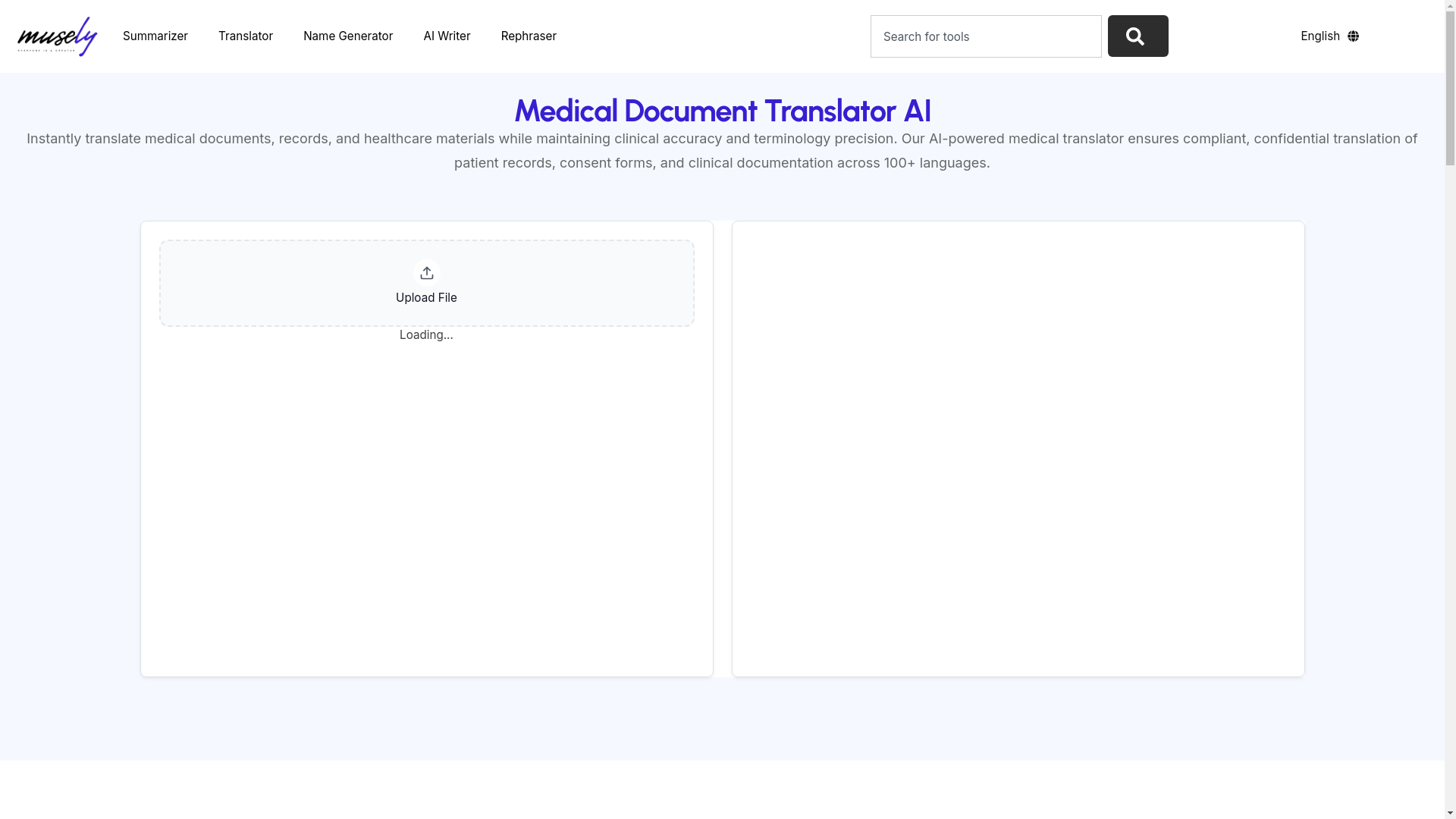 website screenshot of https://musely.ai/tools/medical-document-translator