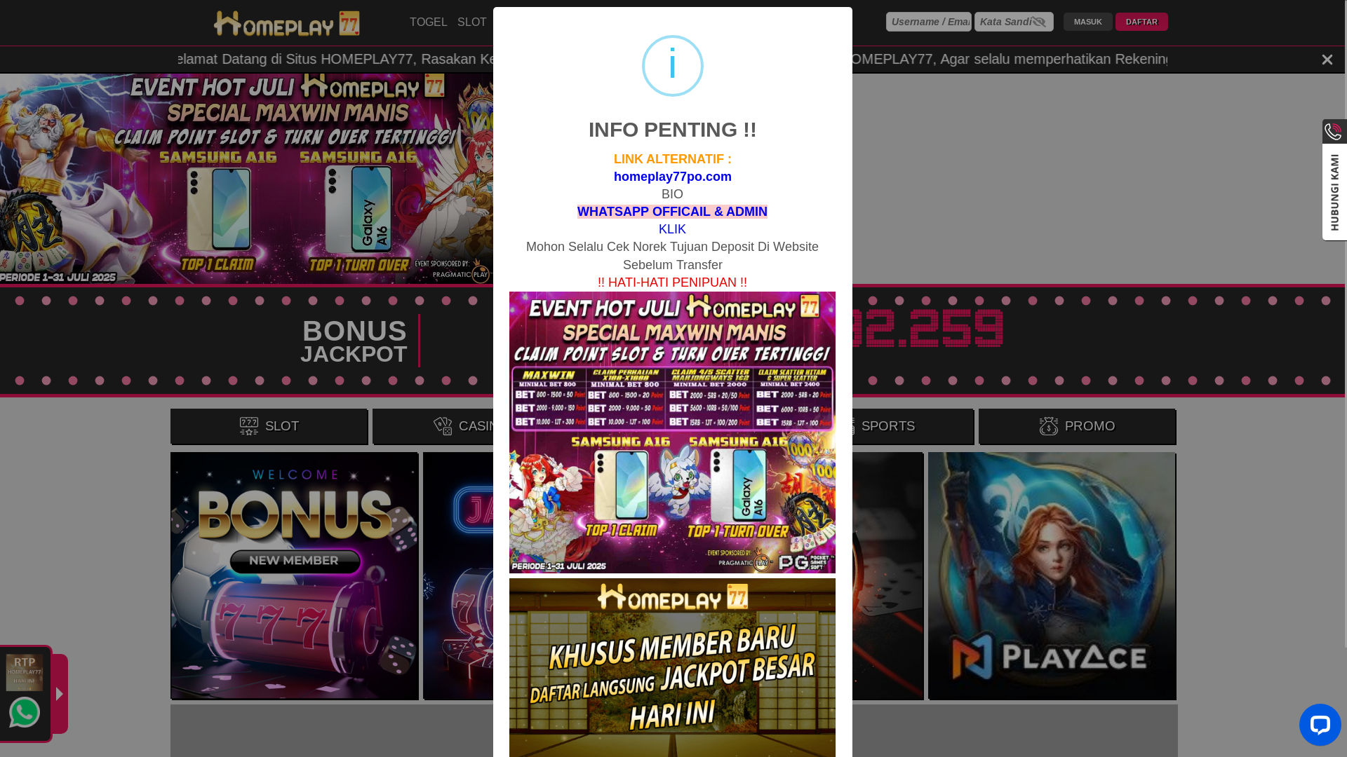 website screenshot of https://homeplay77po.com/