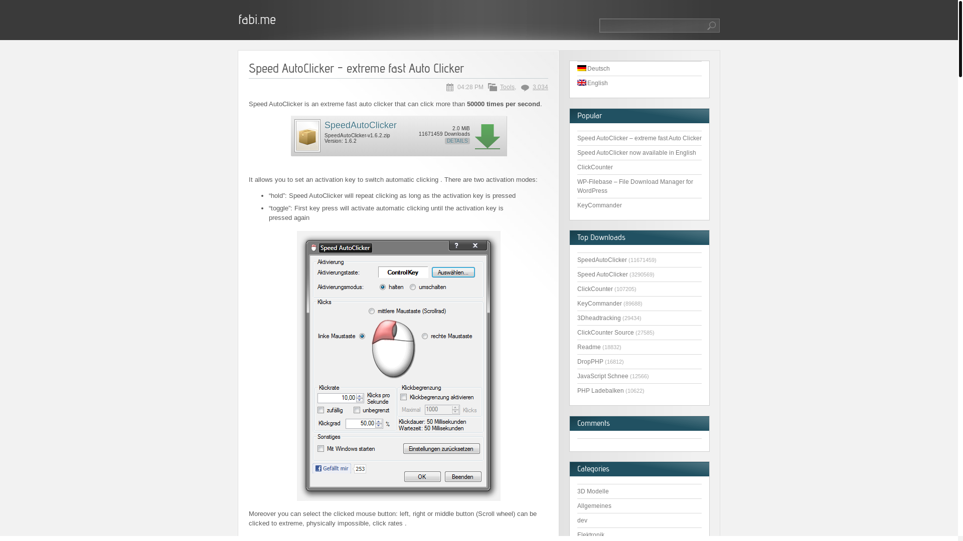 website screenshot of https://fabi.me/en/tools/speed-autoclicker/