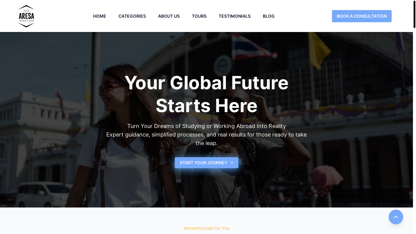 website screenshot of https://aresatravels.com/