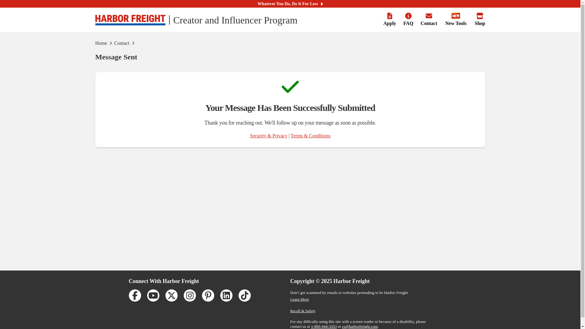 website screenshot of https://creators.harborfreight.com/message-sent/