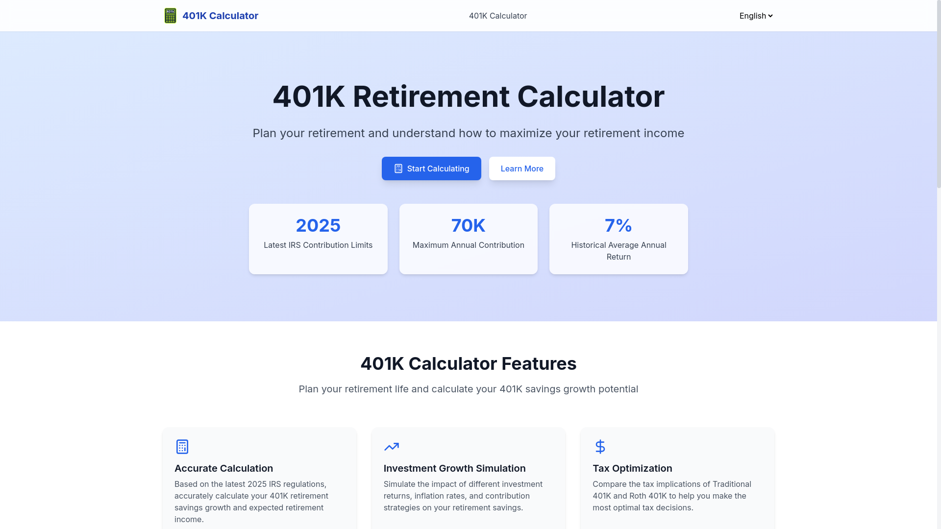 website screenshot of https://401k-calculator.pages.dev/
