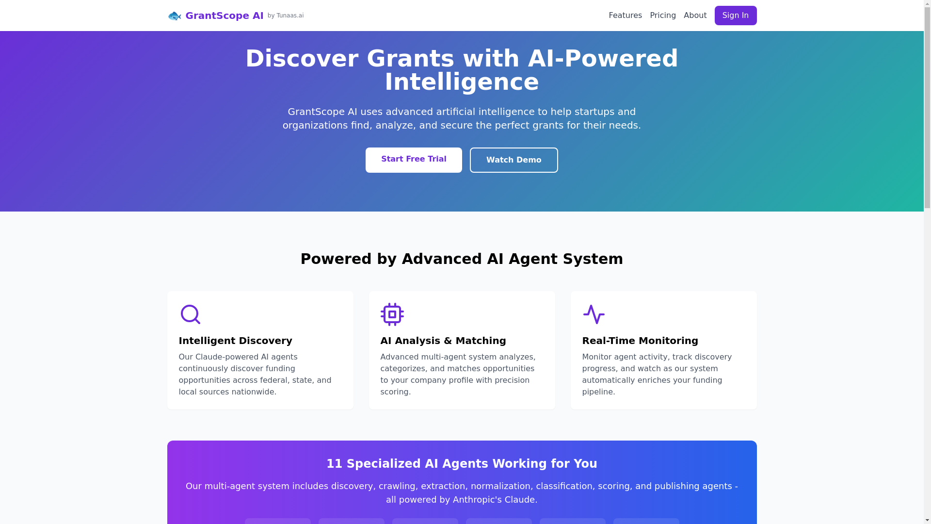 website screenshot of https://grantscope.ai/