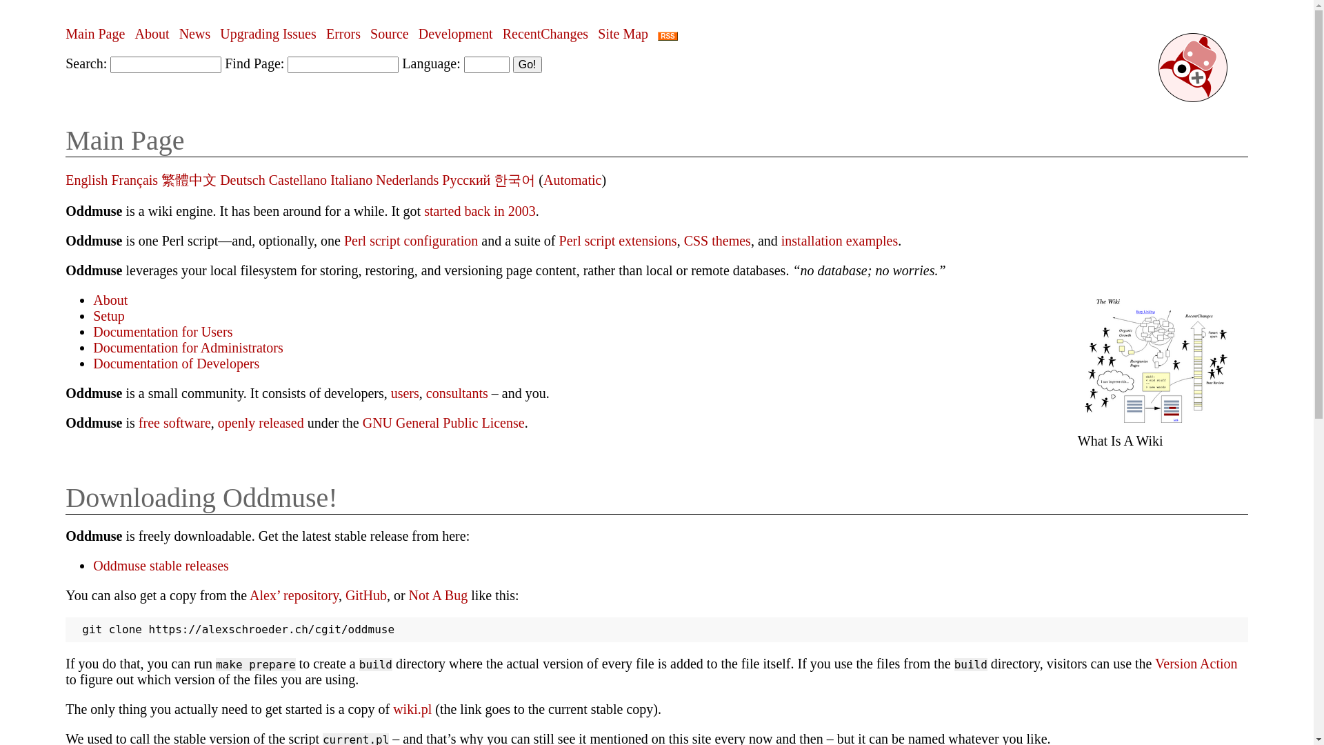 website screenshot of https://oddmuse.org/wiki/Main_Page