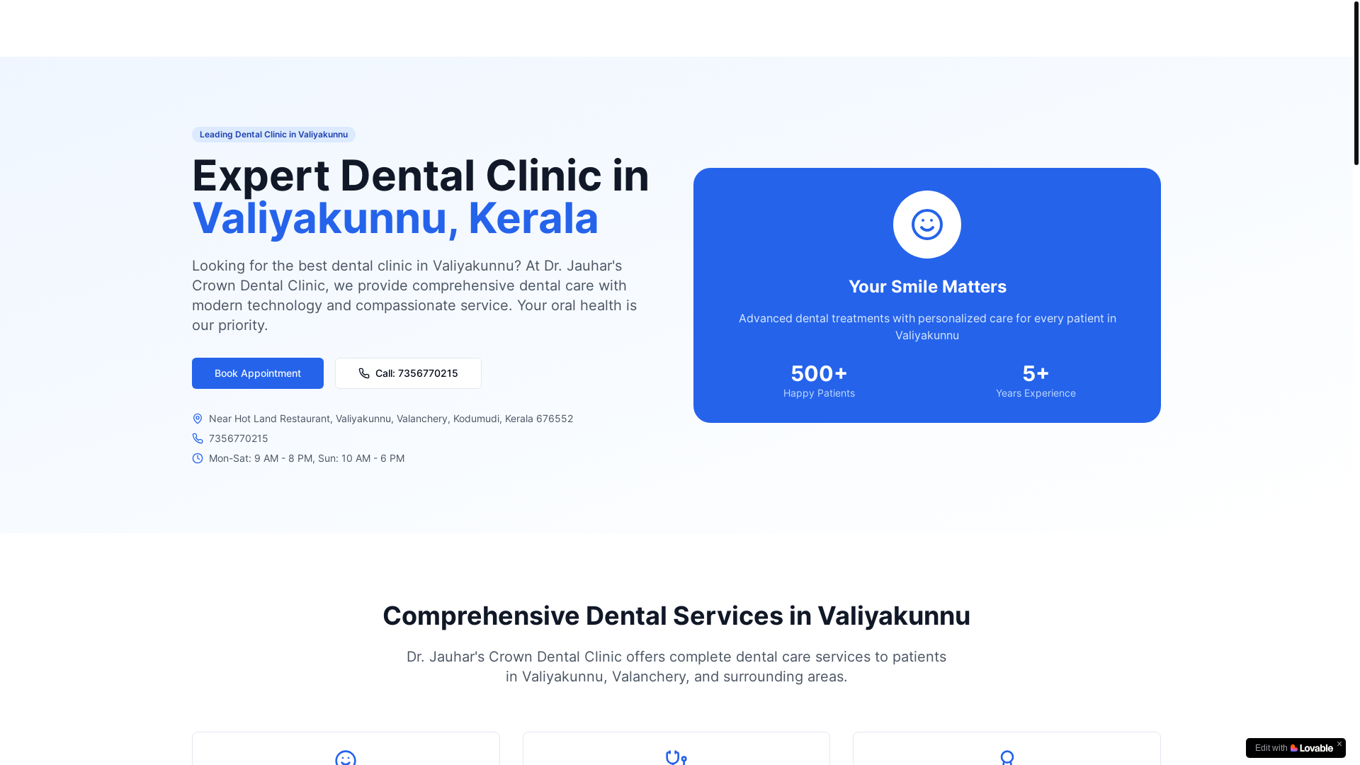 website screenshot of https://jauharscrowndentalvaliyakunnu.in/