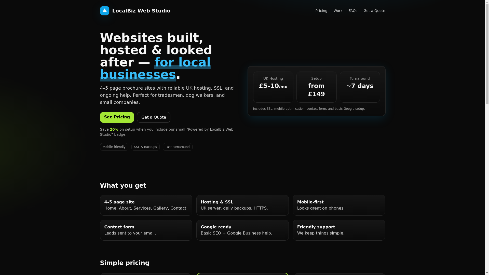 website screenshot of https://localbizwebstudio.co.uk/