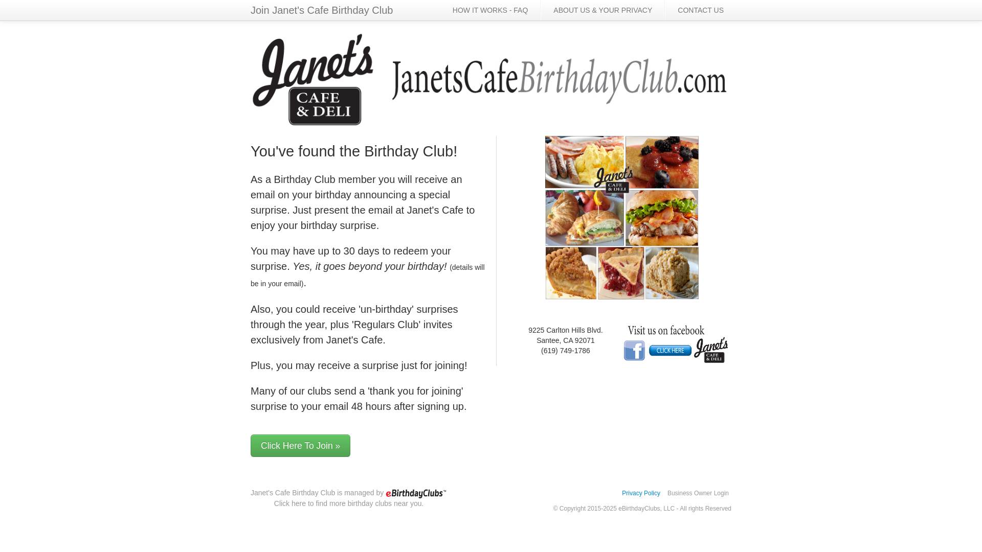 website screenshot of https://janetscafesanteebirthdayclub.com/
