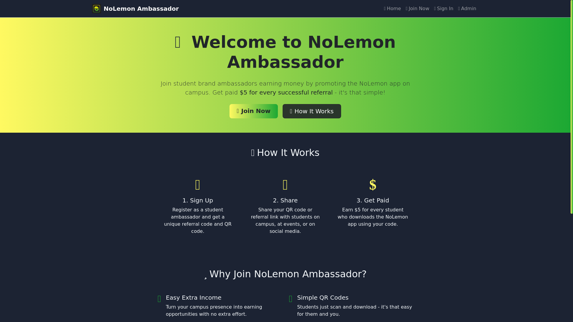 website screenshot of https://nolemonambassador.com/