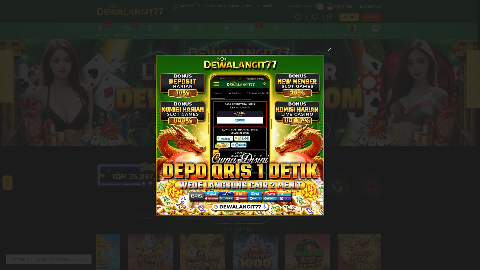website screenshot of https://dewalangit77.id/