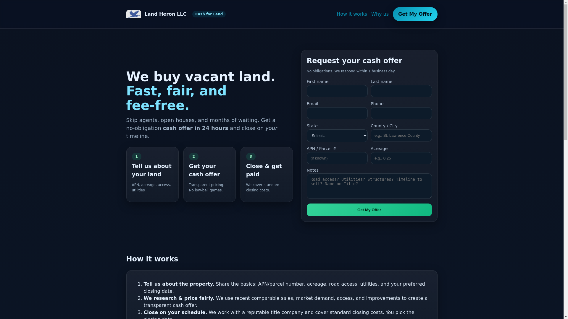 website screenshot of https://land-heron.com/