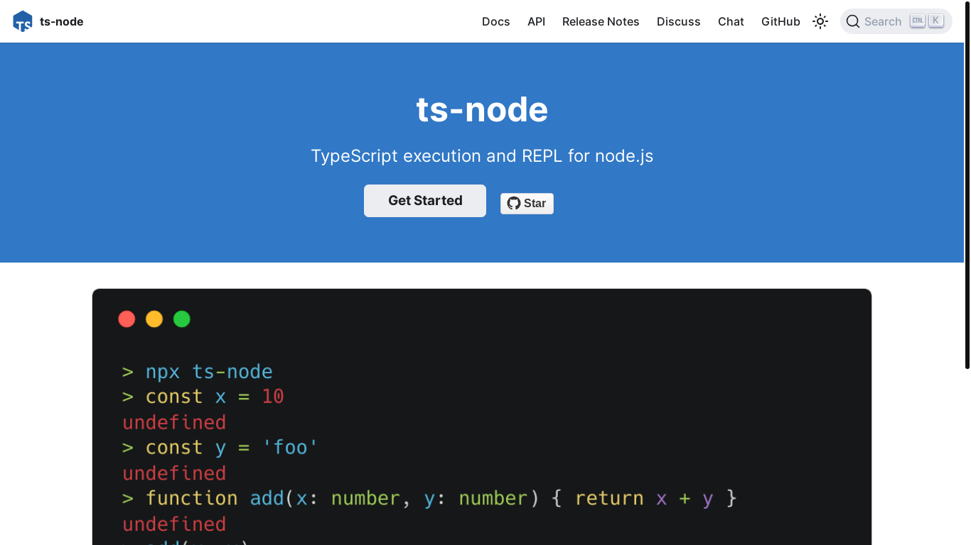 website screenshot of https://typestrong.org/ts-node/