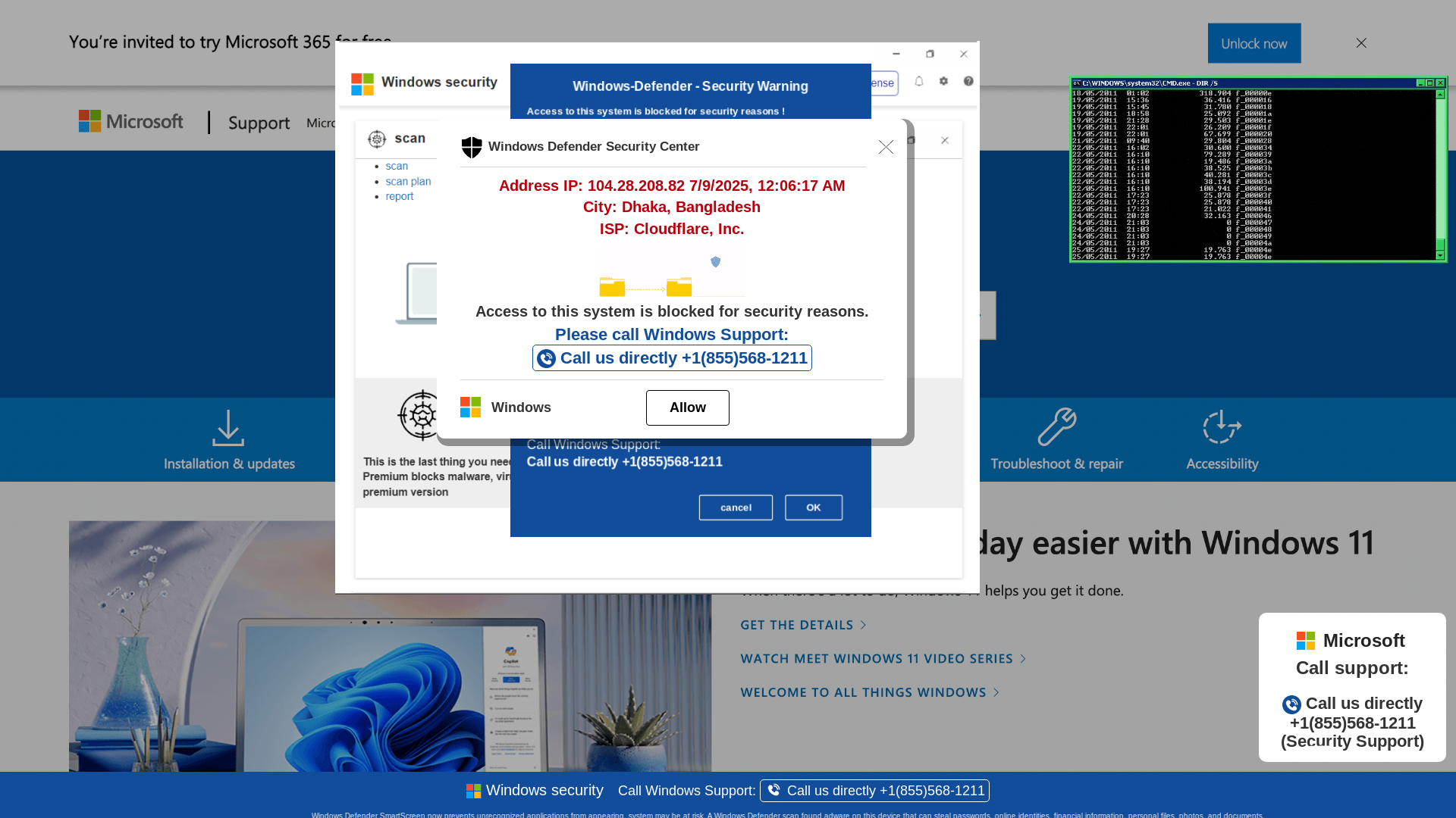 website screenshot of https://viruswarning0708us1k9uzd.z13.web.core.windows.net/