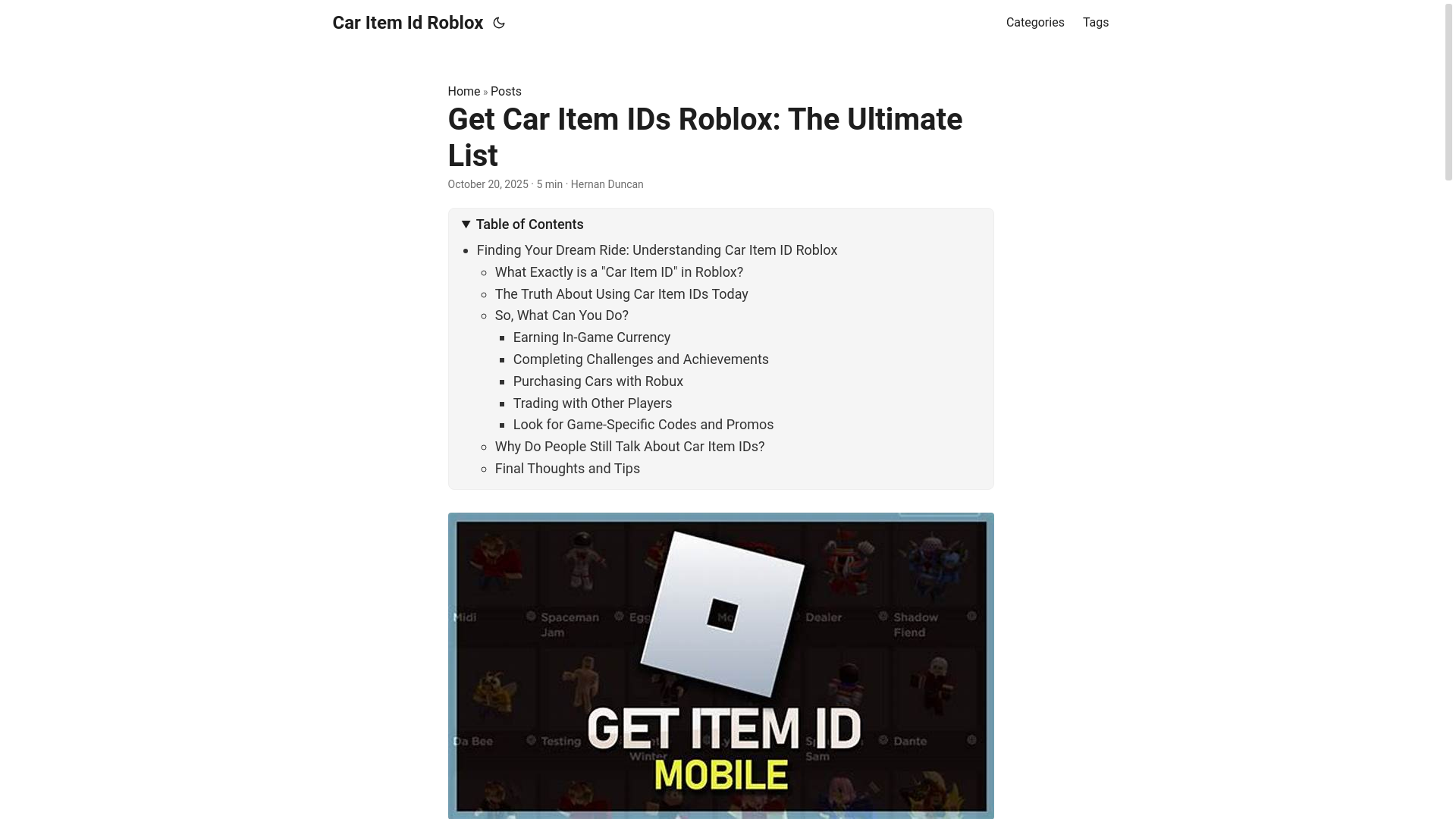 website screenshot of https://car-item-id-roblox.pages.dev/