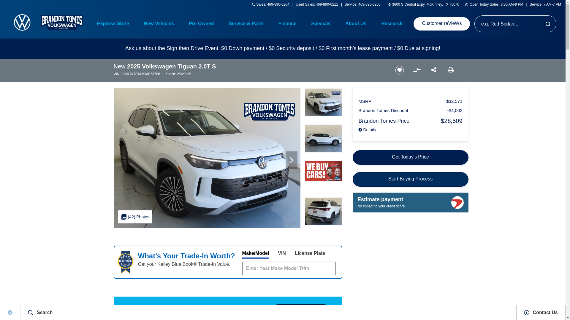 website screenshot of https://www.brandontomesvw.com/inventory/3VVCR7RM3SM073768/