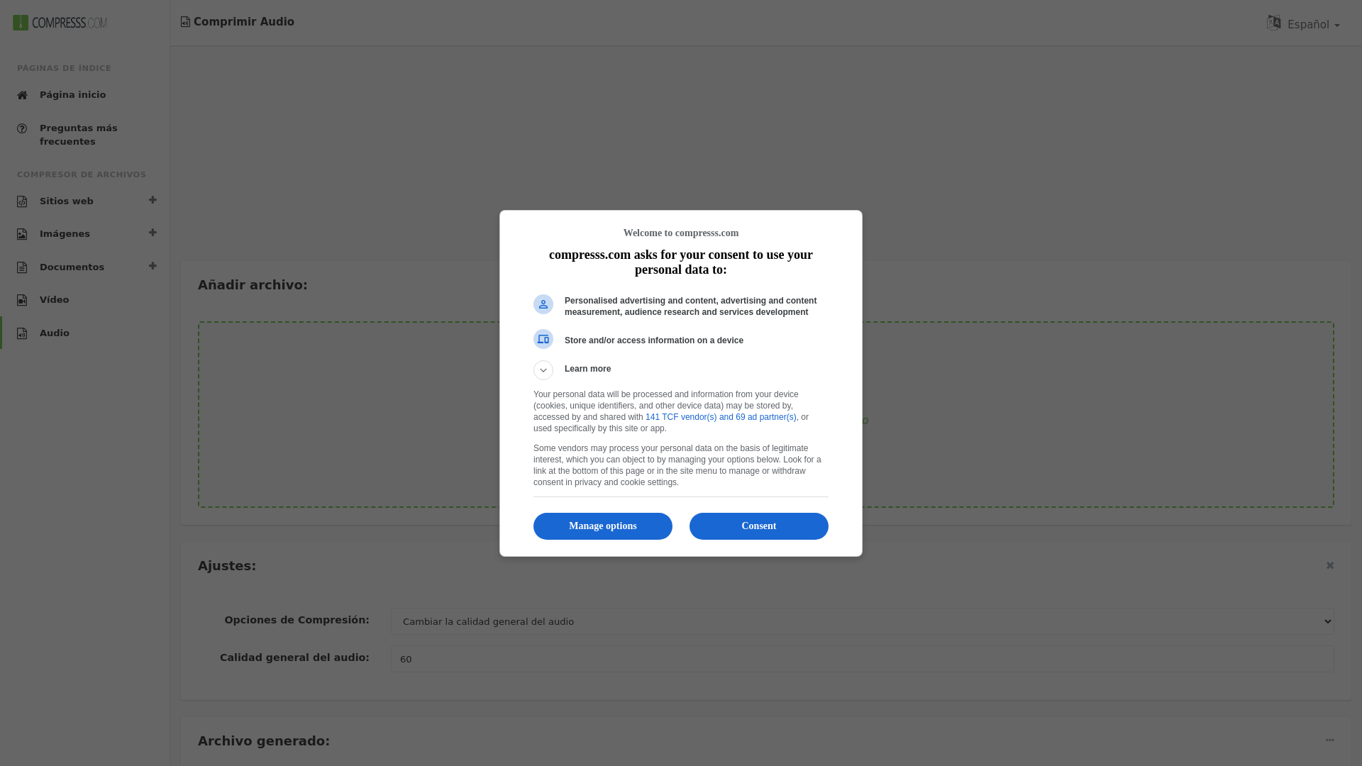 website screenshot of https://www.compresss.com/es/compress-audio.html