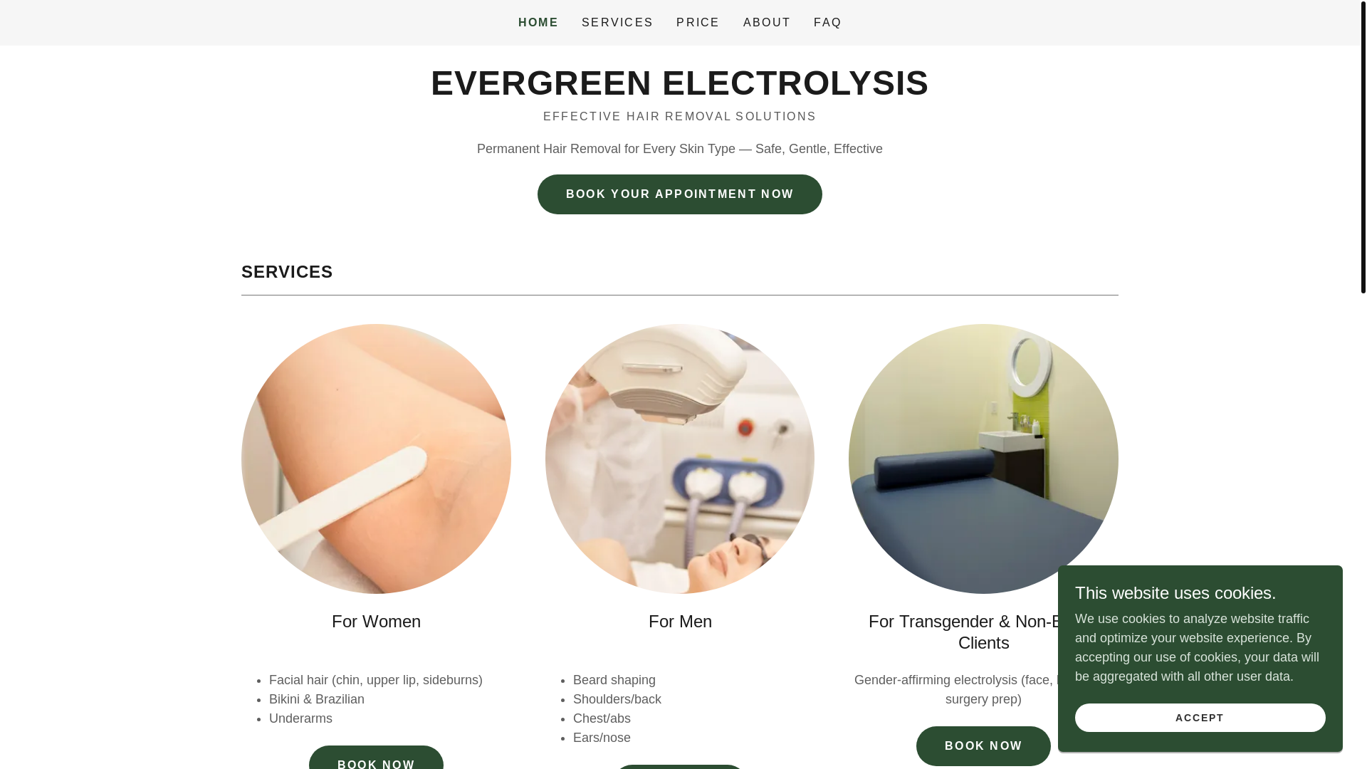 website screenshot of https://evergreenelectrolysis.com/