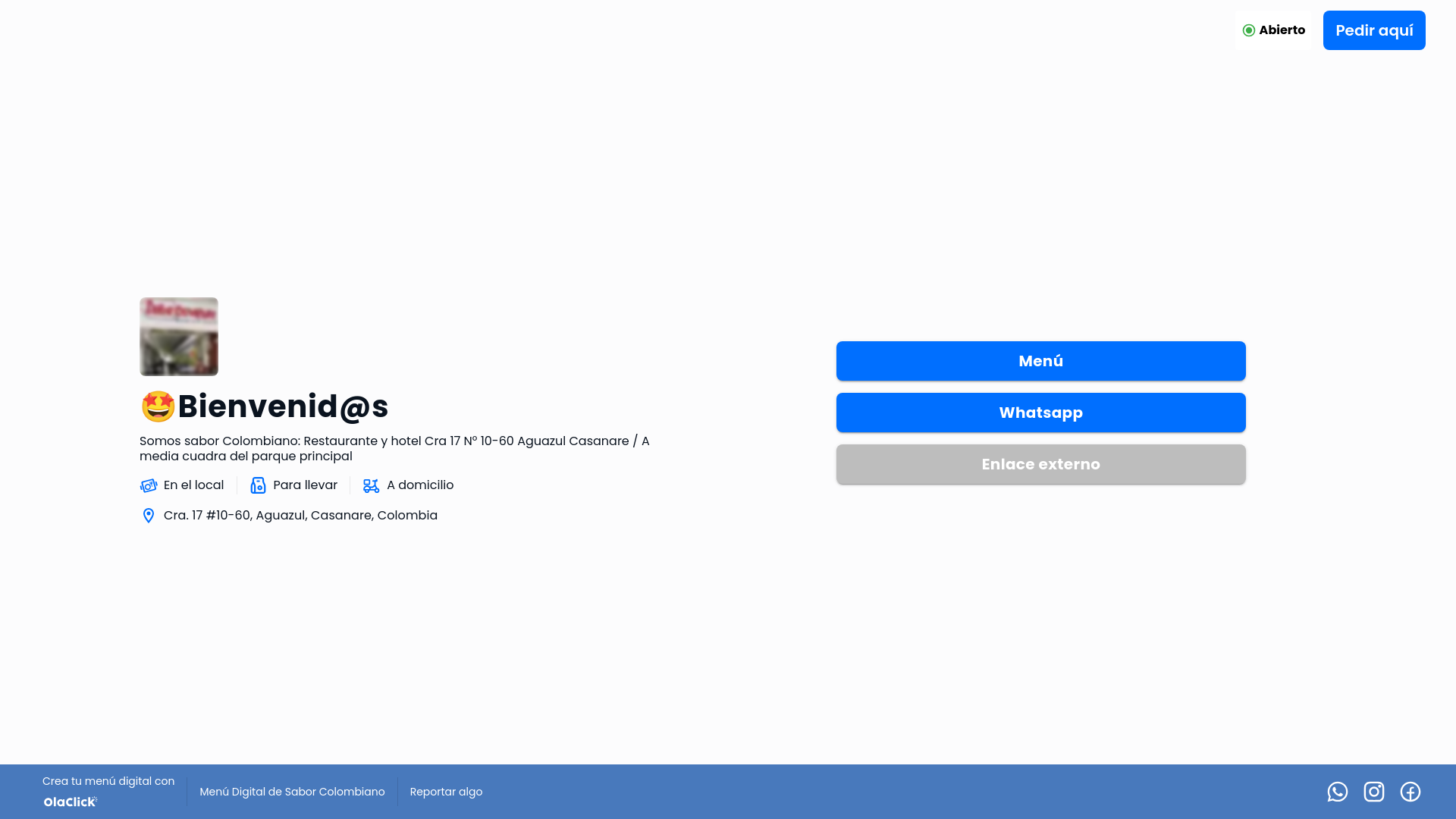 website screenshot of https://saborcolombianoaguazul.com/