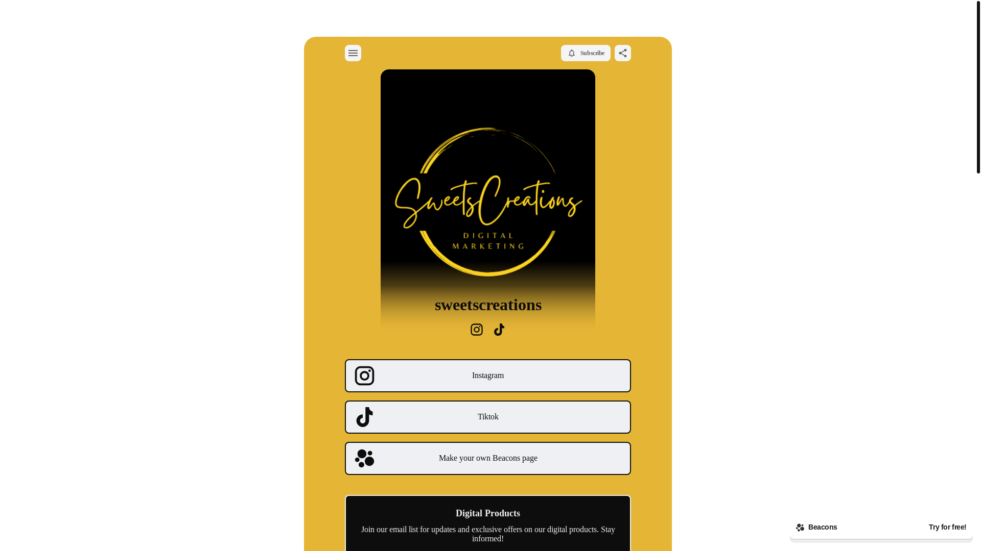 website screenshot of https://sweetscreations.store/
