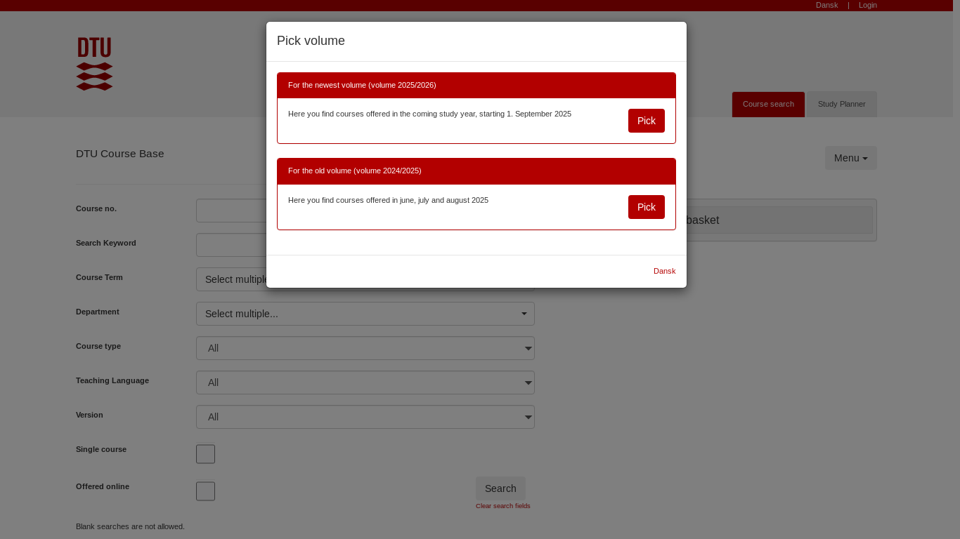website screenshot of https://kurser.dtu.dk/