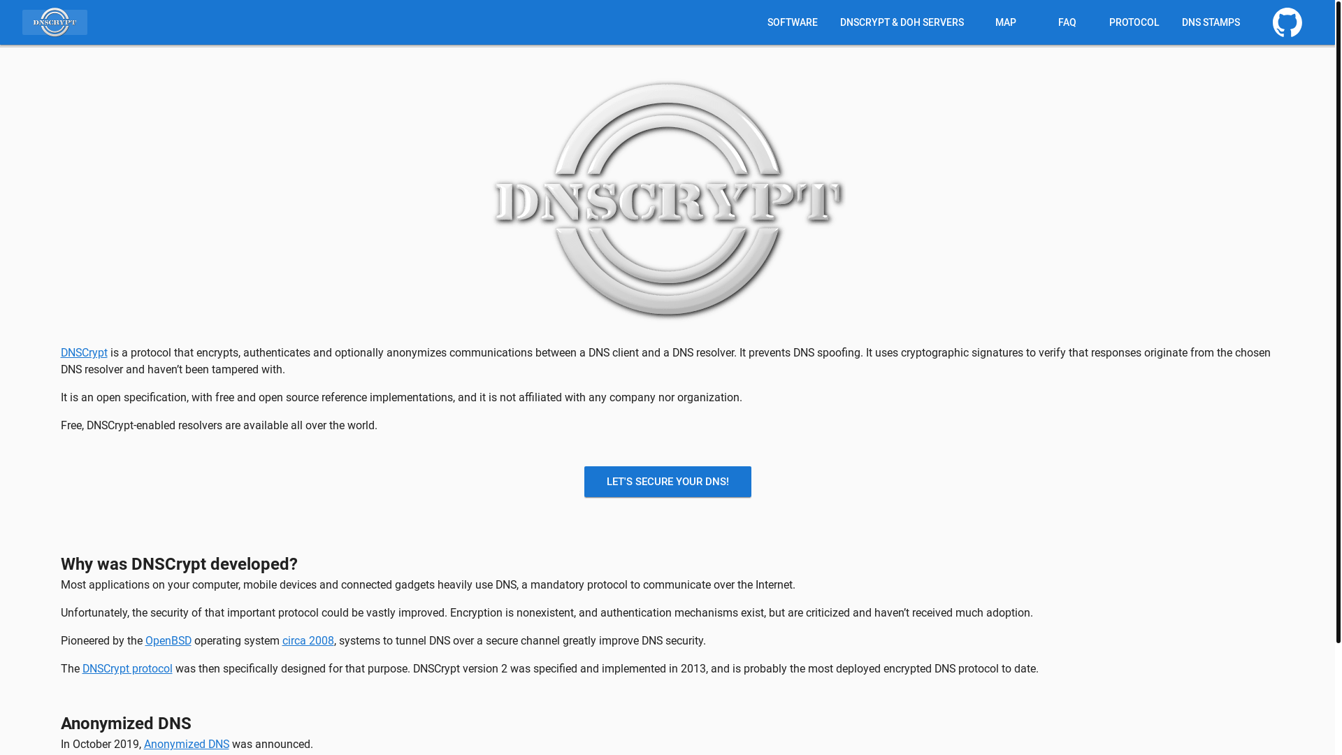 website screenshot of https://dnscrypt.info