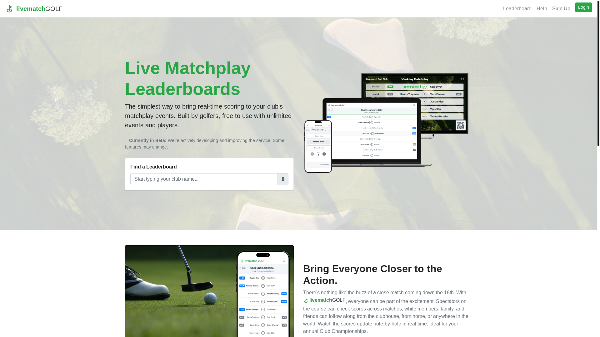 website screenshot of https://livematch.golf/