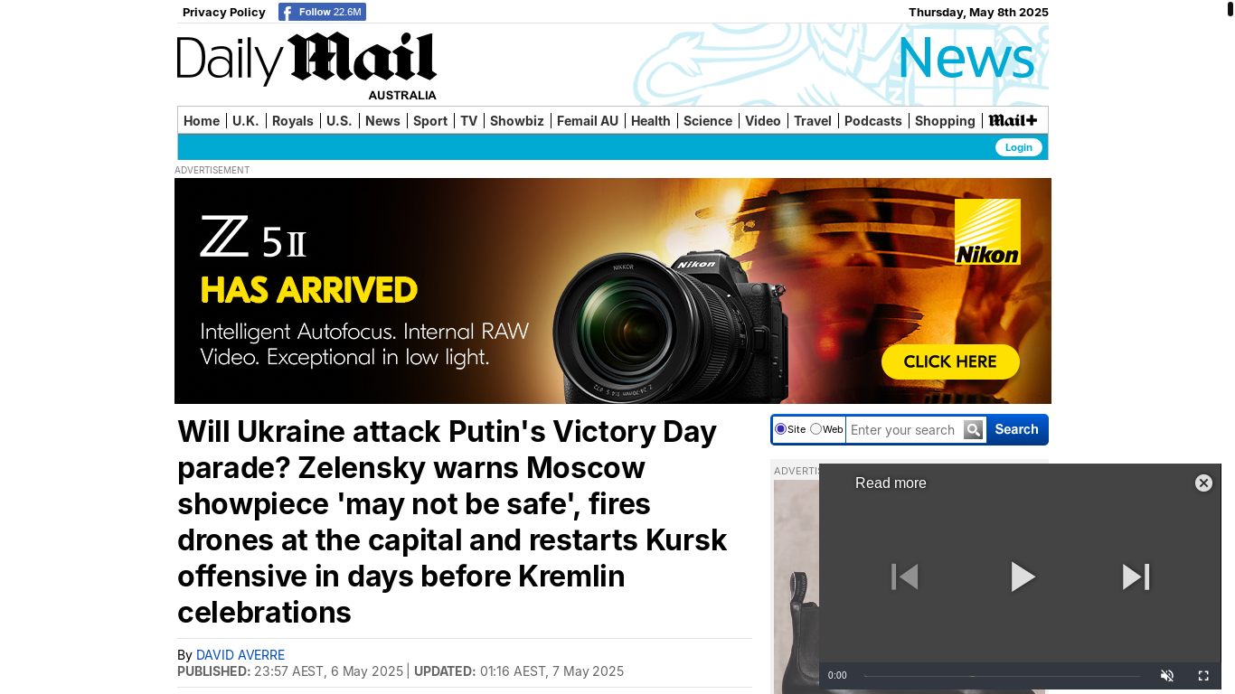 website screenshot of https://www.dailymail.co.uk/news/article-14682601/Will-Ukraine-attack-Putins-Victory-Day-parade-Zelensky-warns-Moscow-showpiece-not-safe-fires-drones-capital-restarts-Kursk-offensive-days-Kremlin-celebrations.html