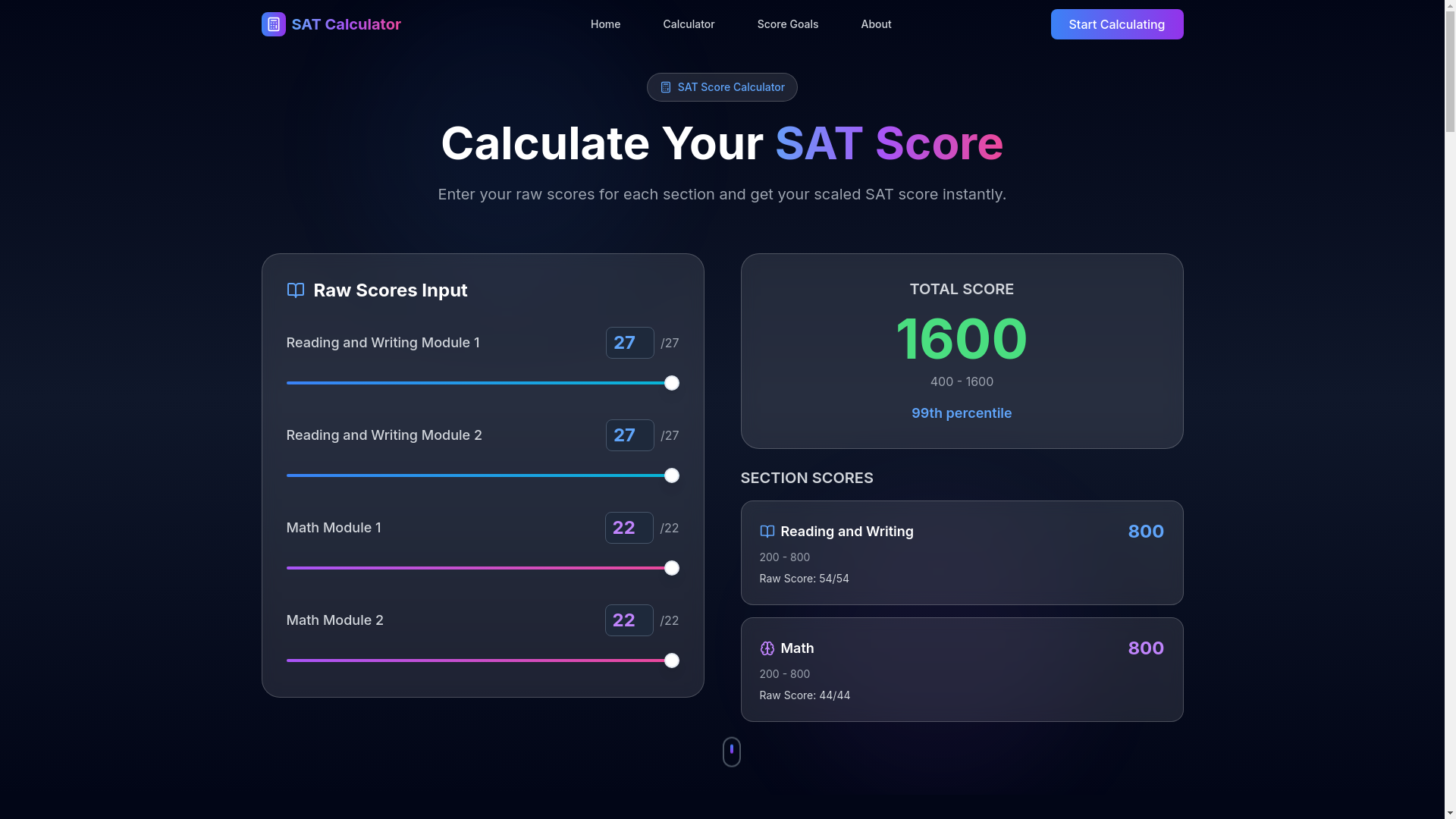 website screenshot of https://sat-score-calculator.org/
