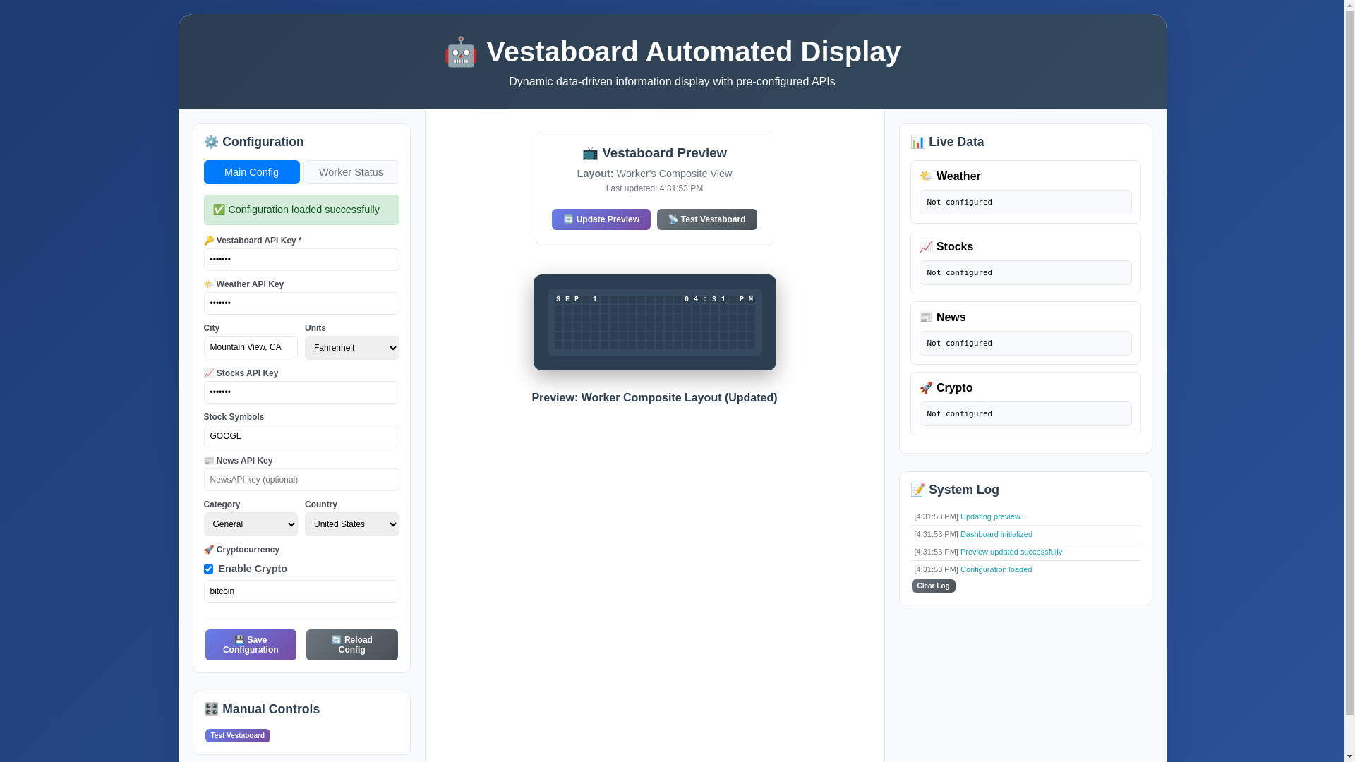 website screenshot of https://vestaboard-dashboard.pages.dev/