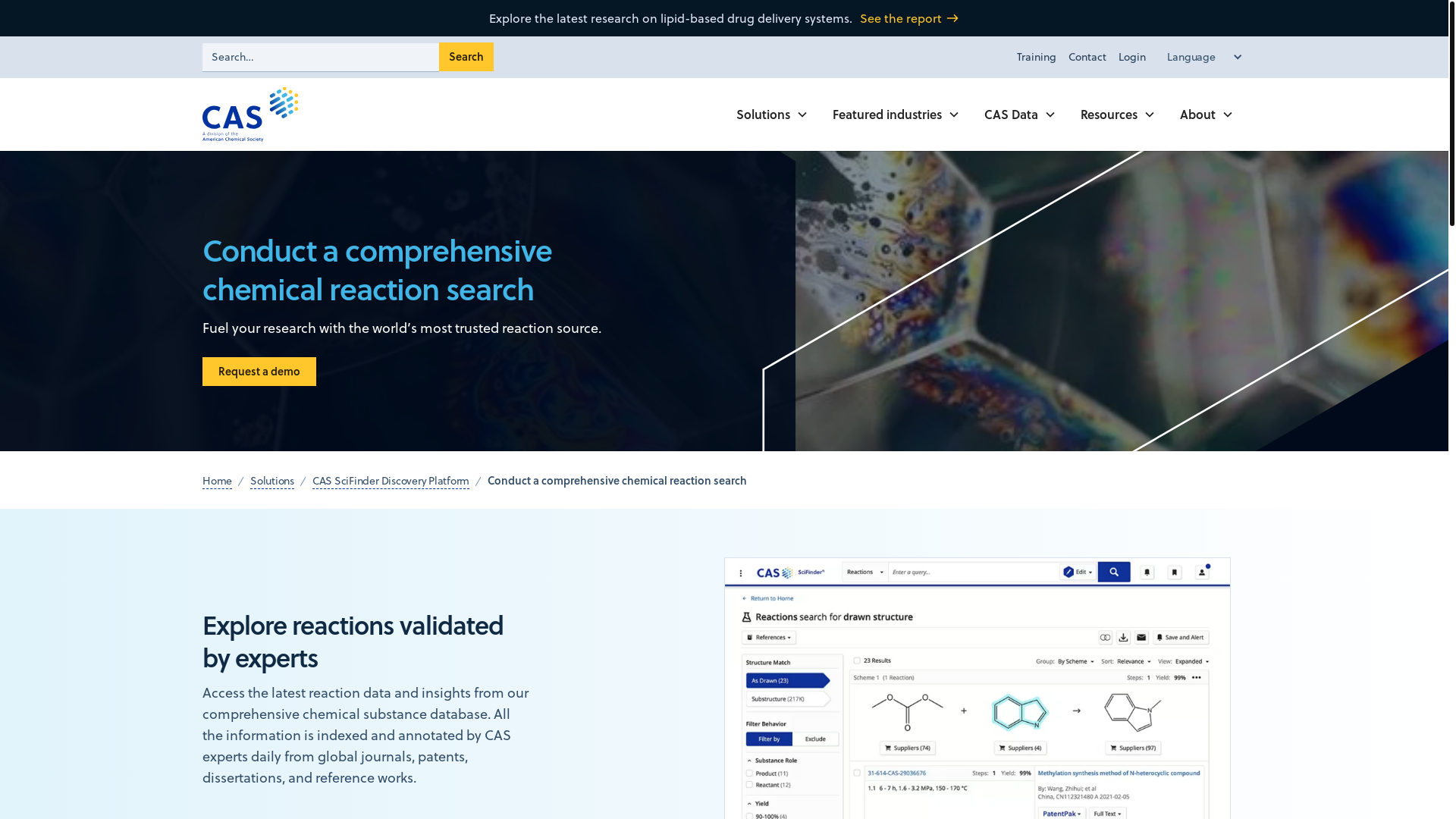 website screenshot of https://www.cas.org/solutions/cas-scifinder-discovery-platform/chemical-reactions