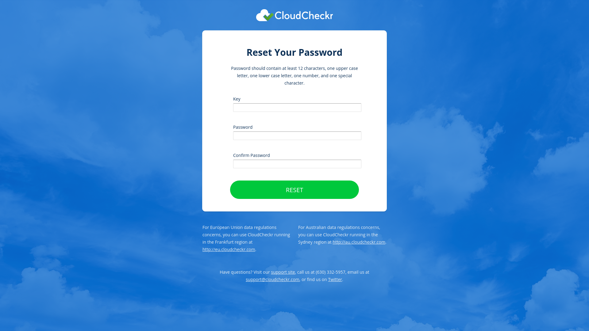 website screenshot of https://eu.cloudcheckr.com/LogOn/ResetPassword