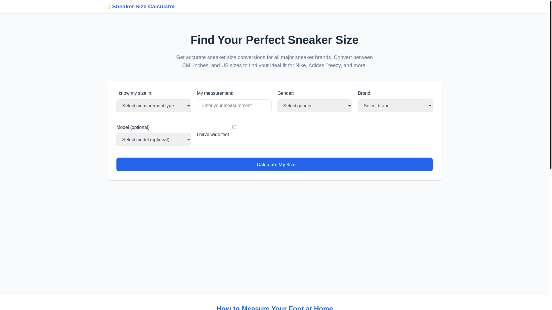 website screenshot of https://sneakersizecalculator.com/