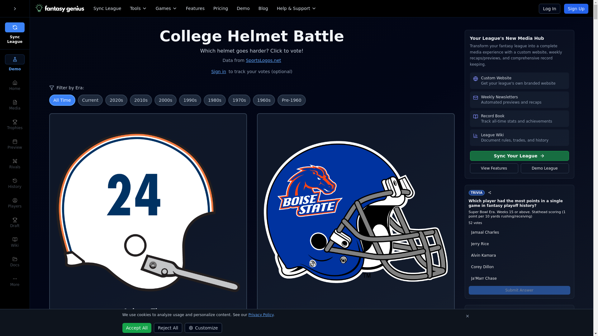 website screenshot of https://www.fantasygenius.io/college-helmet-battle