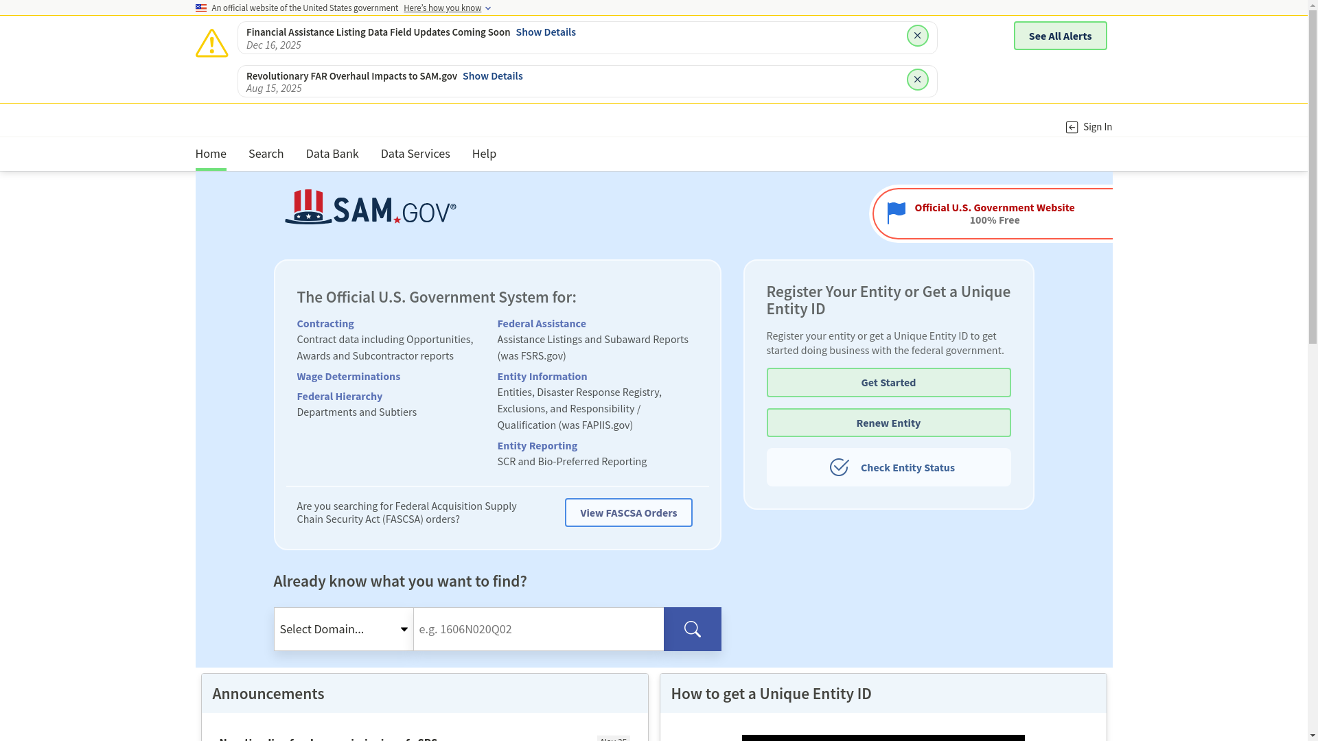 website screenshot of https://sam.gov/