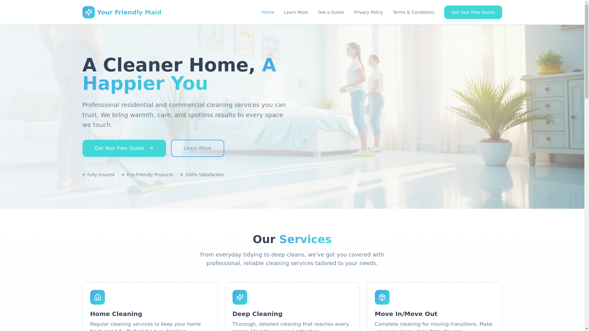 website screenshot of https://yourfriendlymaid.com/