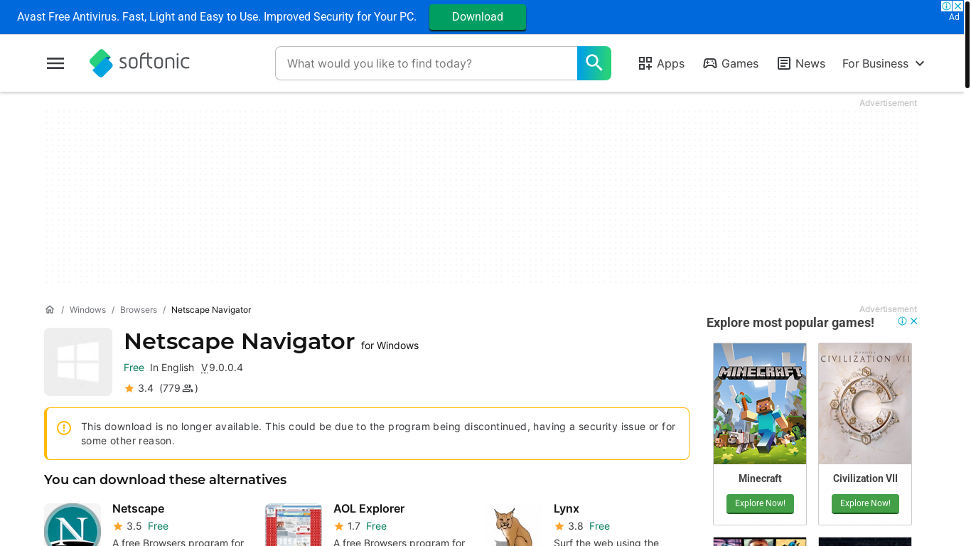 website screenshot of https://netscape-browser.en.softonic.com/