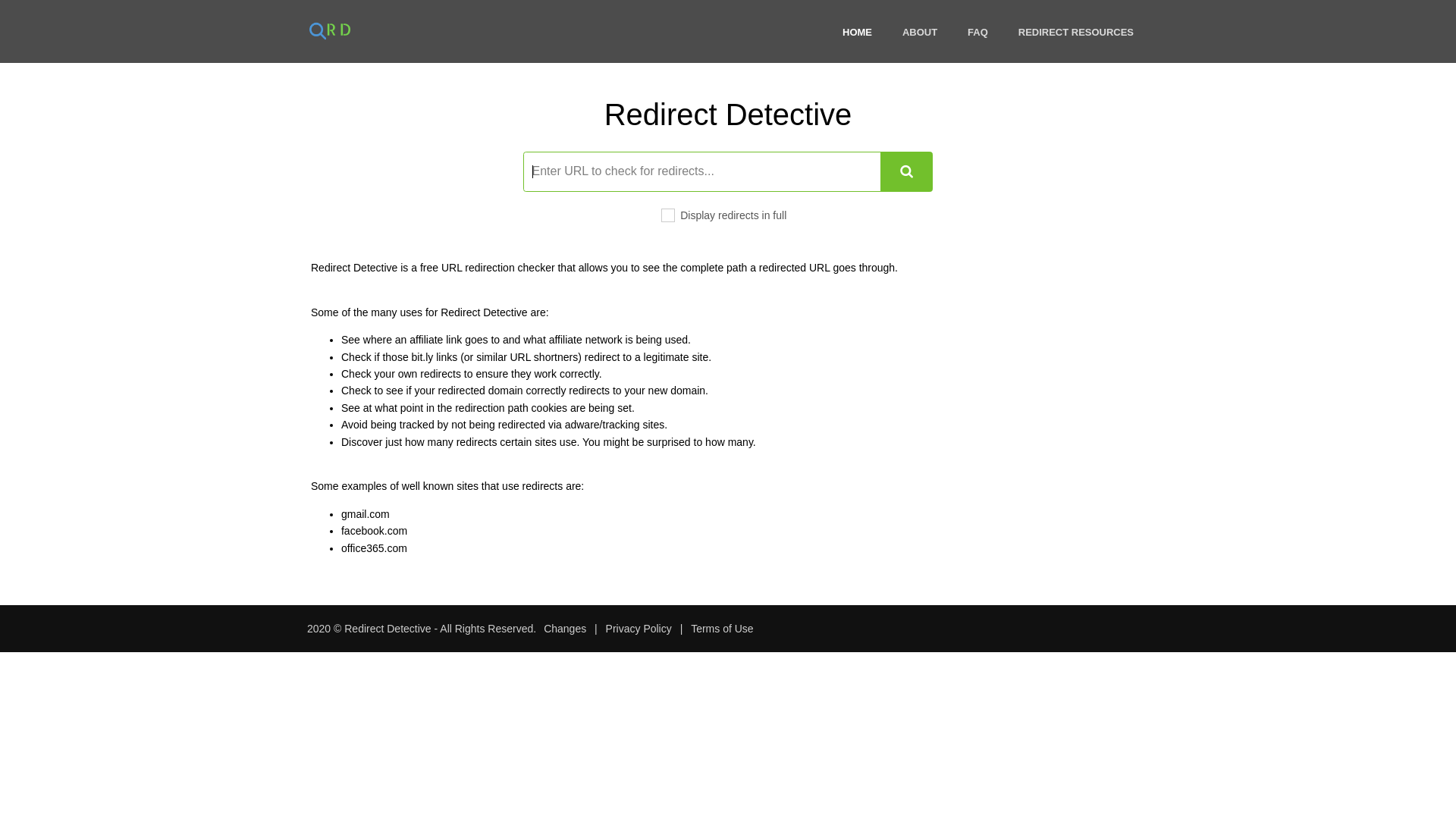 website screenshot of https://redirectdetective.com/