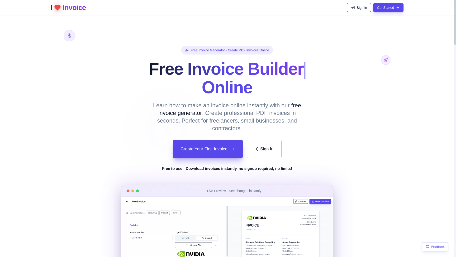website screenshot of https://iluvinvoice.com/