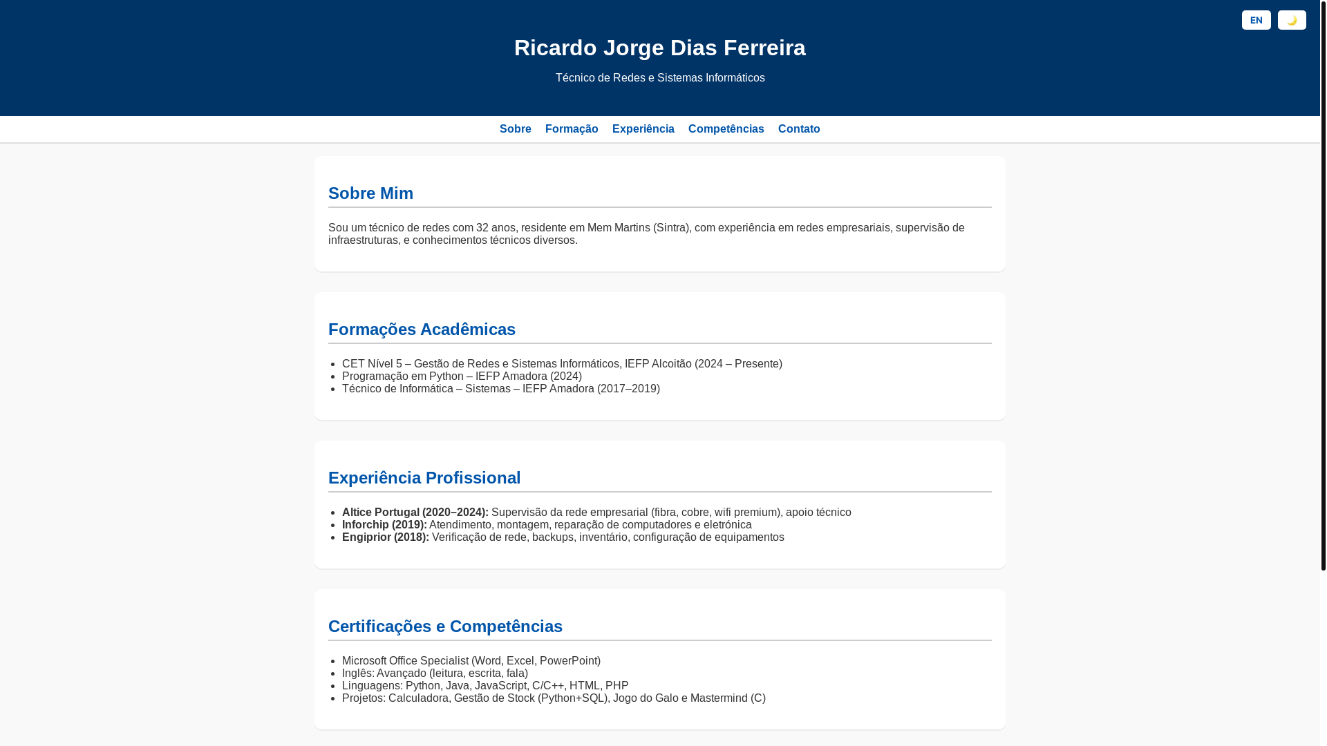 website screenshot of https://ricardoferreiracv.pt/