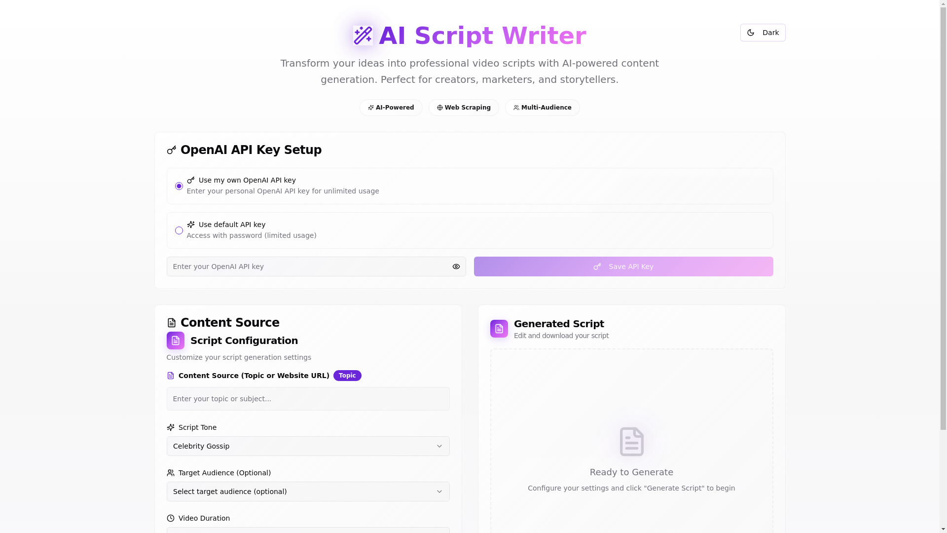website screenshot of https://scriptwriter.site/
