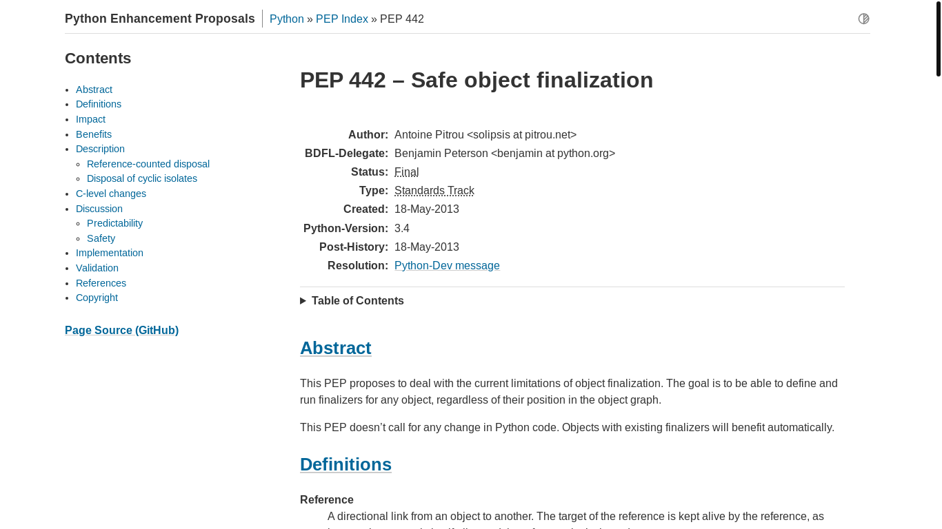 website screenshot of https://peps.python.org/pep-0442/