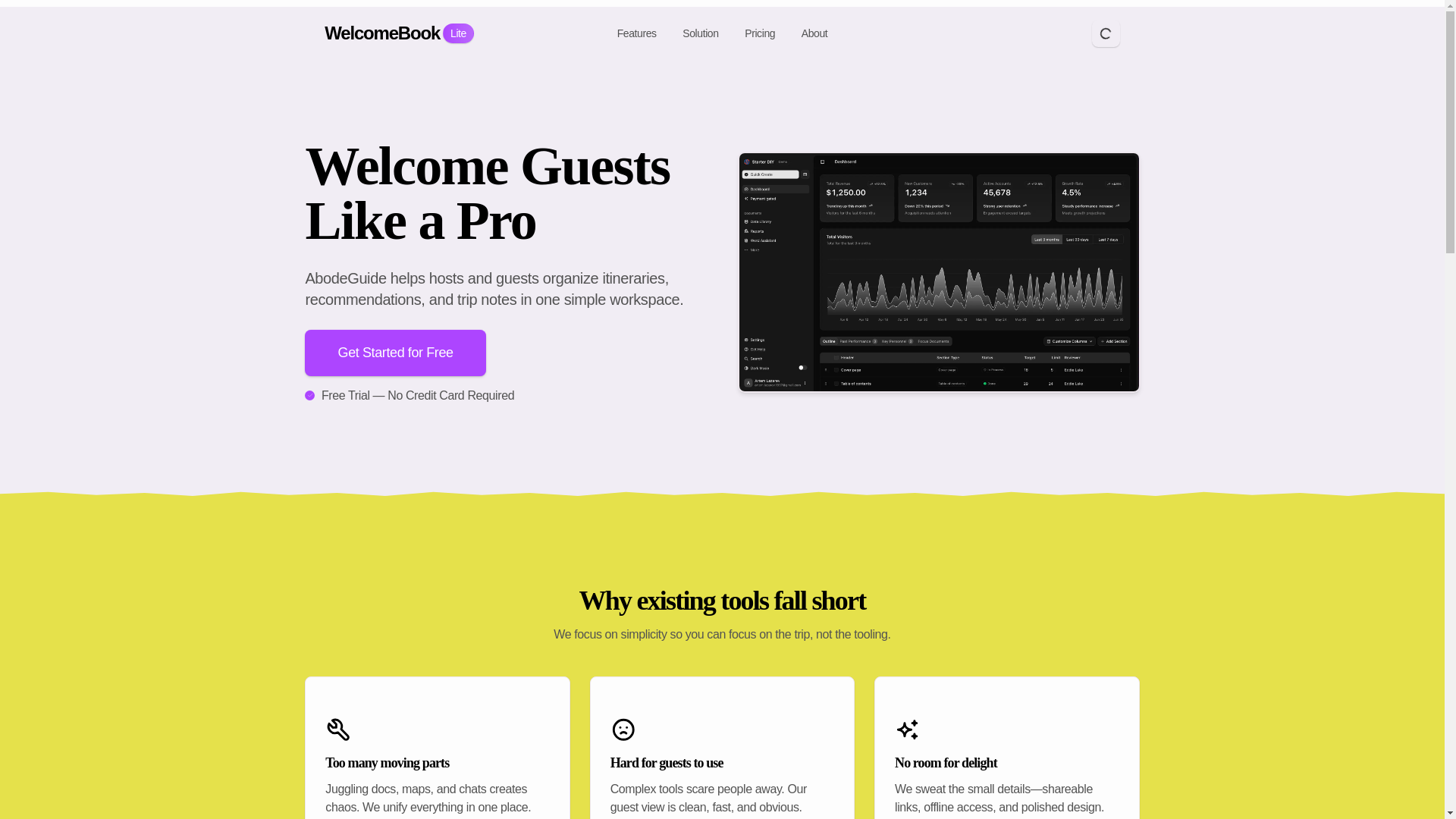 website screenshot of https://welcomebooklite.com/