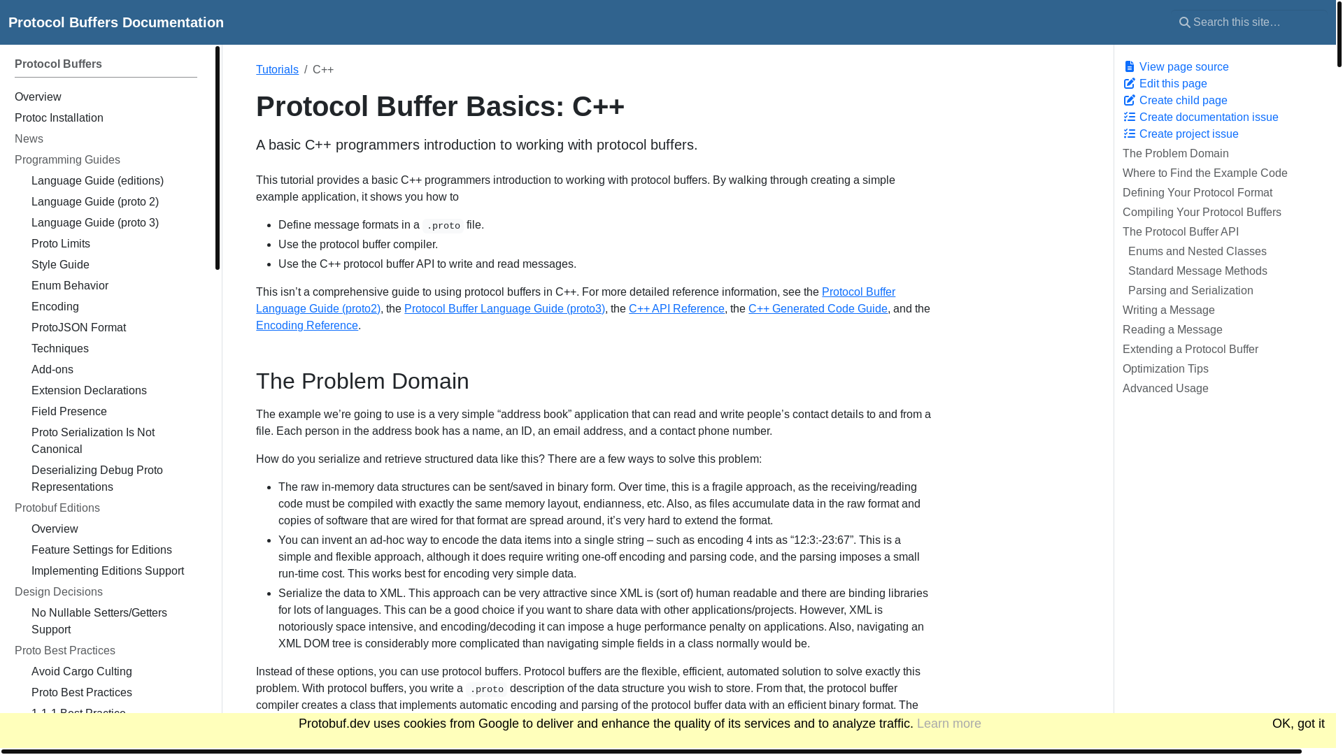 website screenshot of https://protobuf.dev/getting-started/cpptutorial/