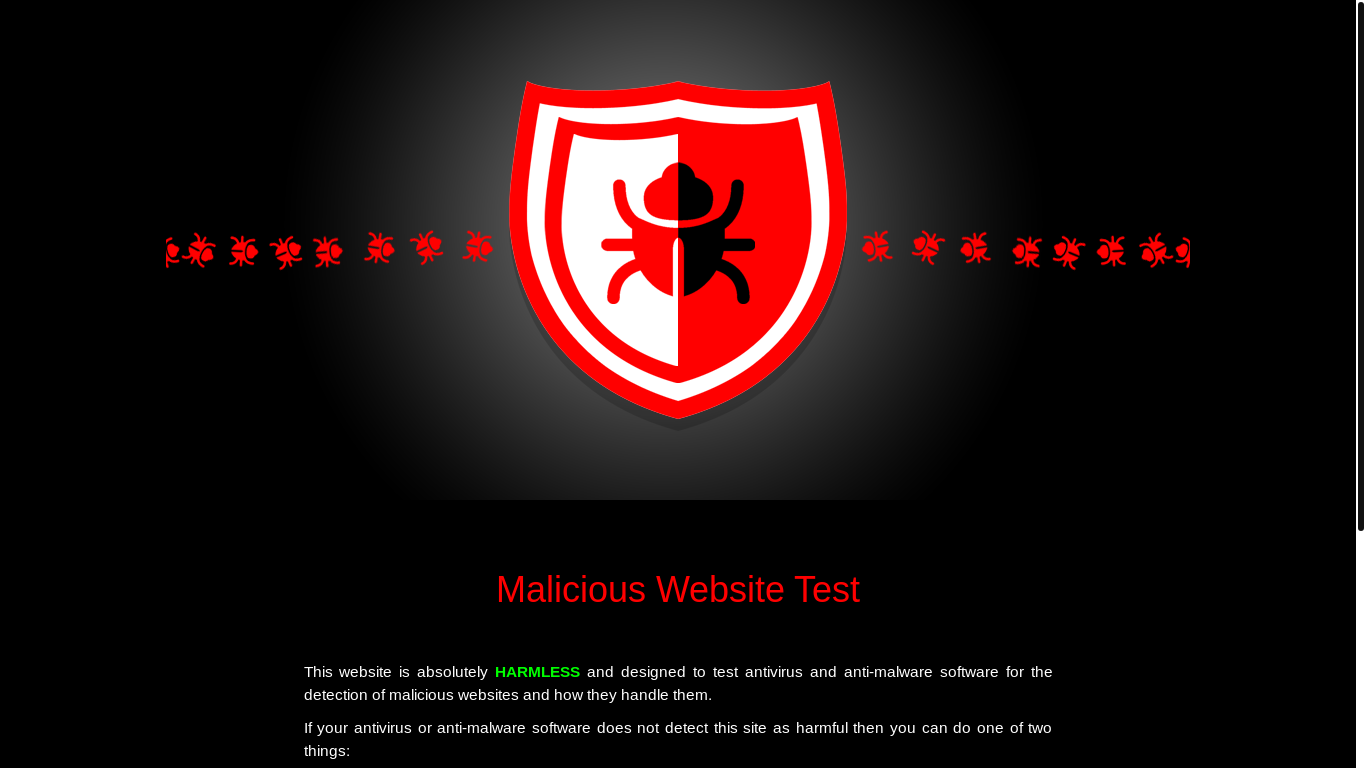 website screenshot of http://maliciouswebsitetest.com/