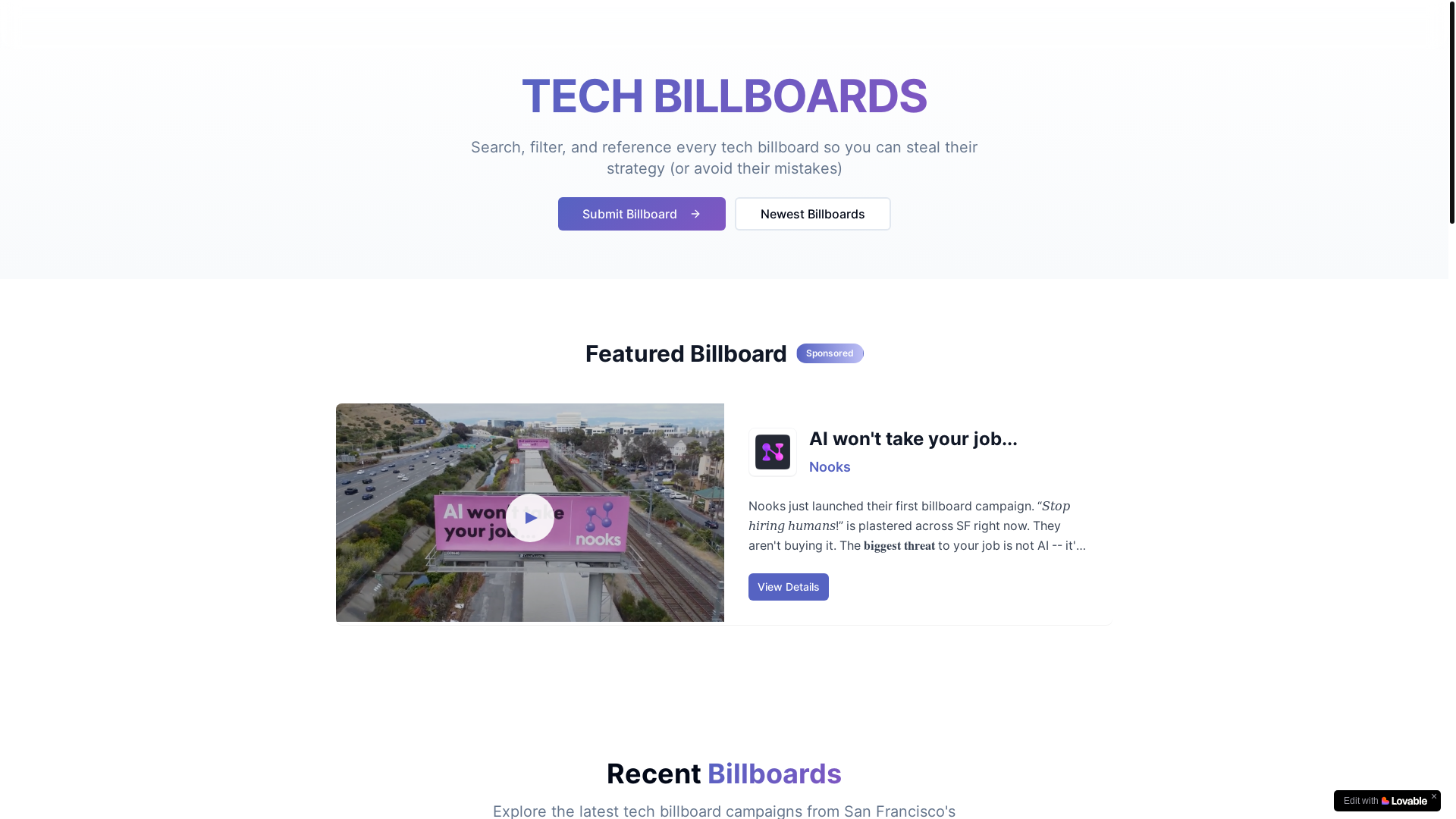 website screenshot of https://techbillboards.ai/